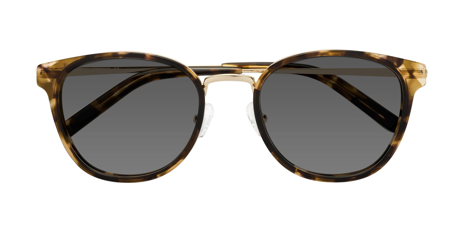 Folded Front of Callie in Tortoise-Gold with Medium Gray Tinted Lenses