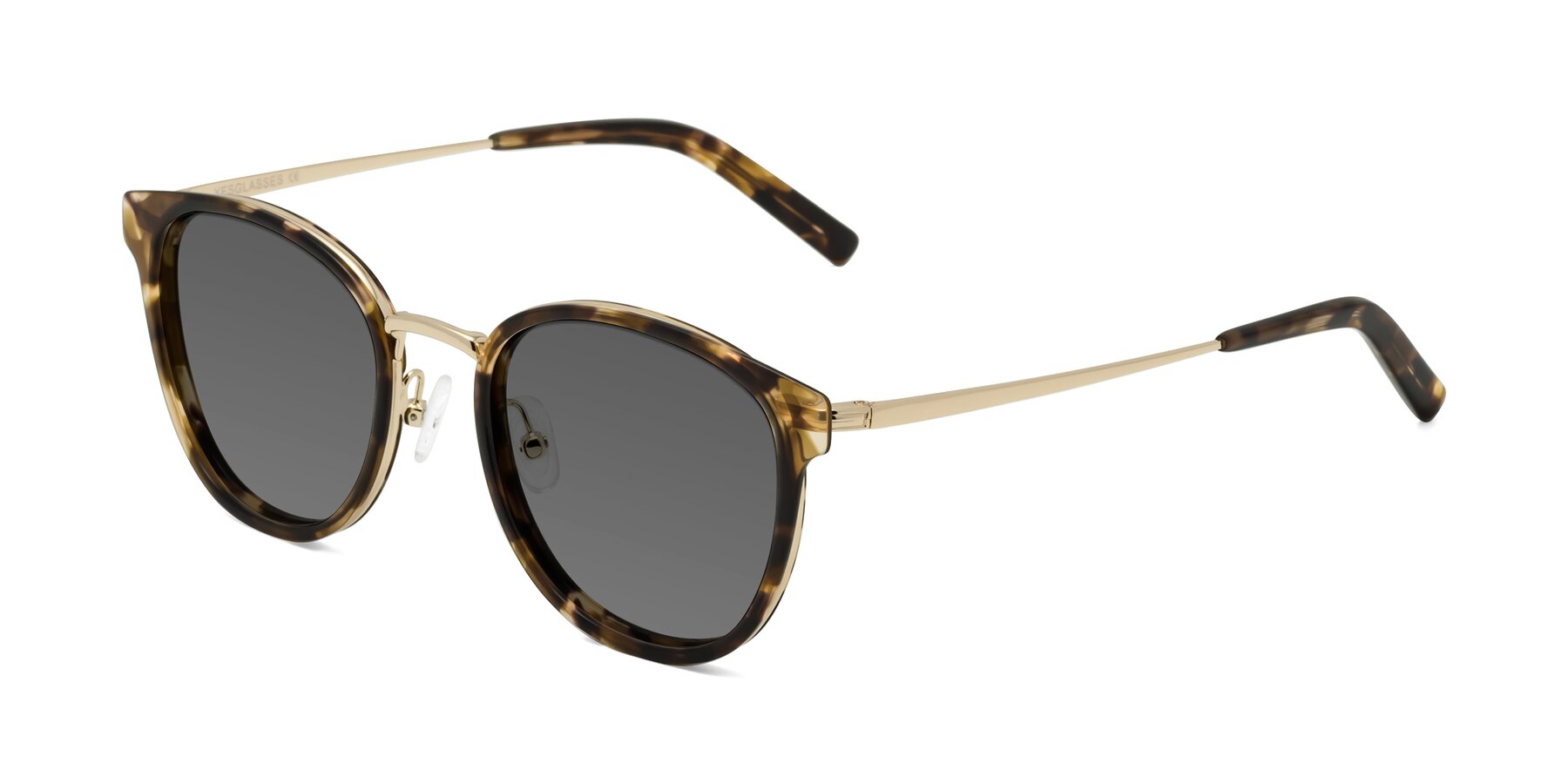 Angle of Callie in Tortoise-Gold with Medium Gray Tinted Lenses