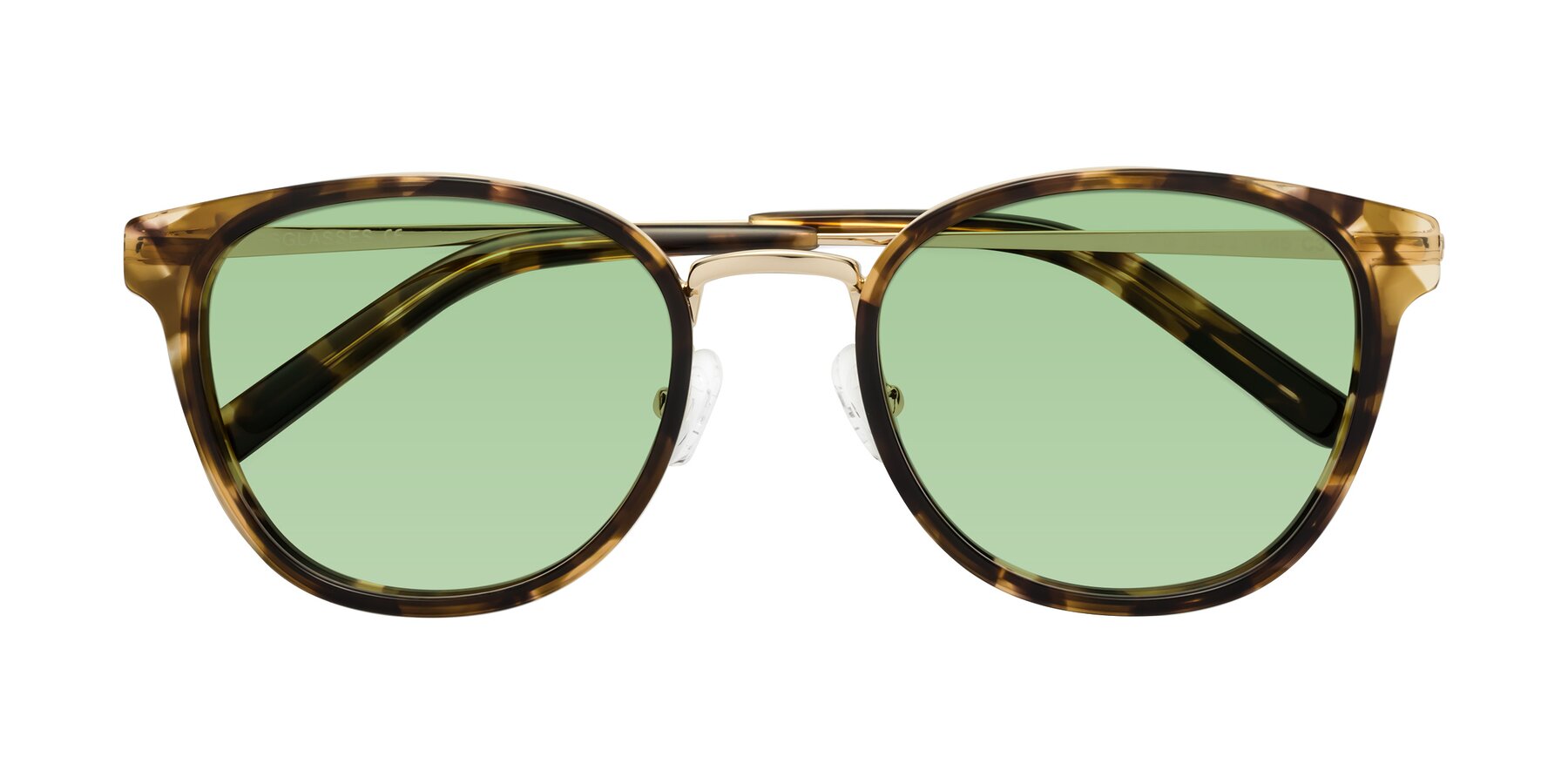 Folded Front of Callie in Tortoise-Gold with Medium Green Tinted Lenses