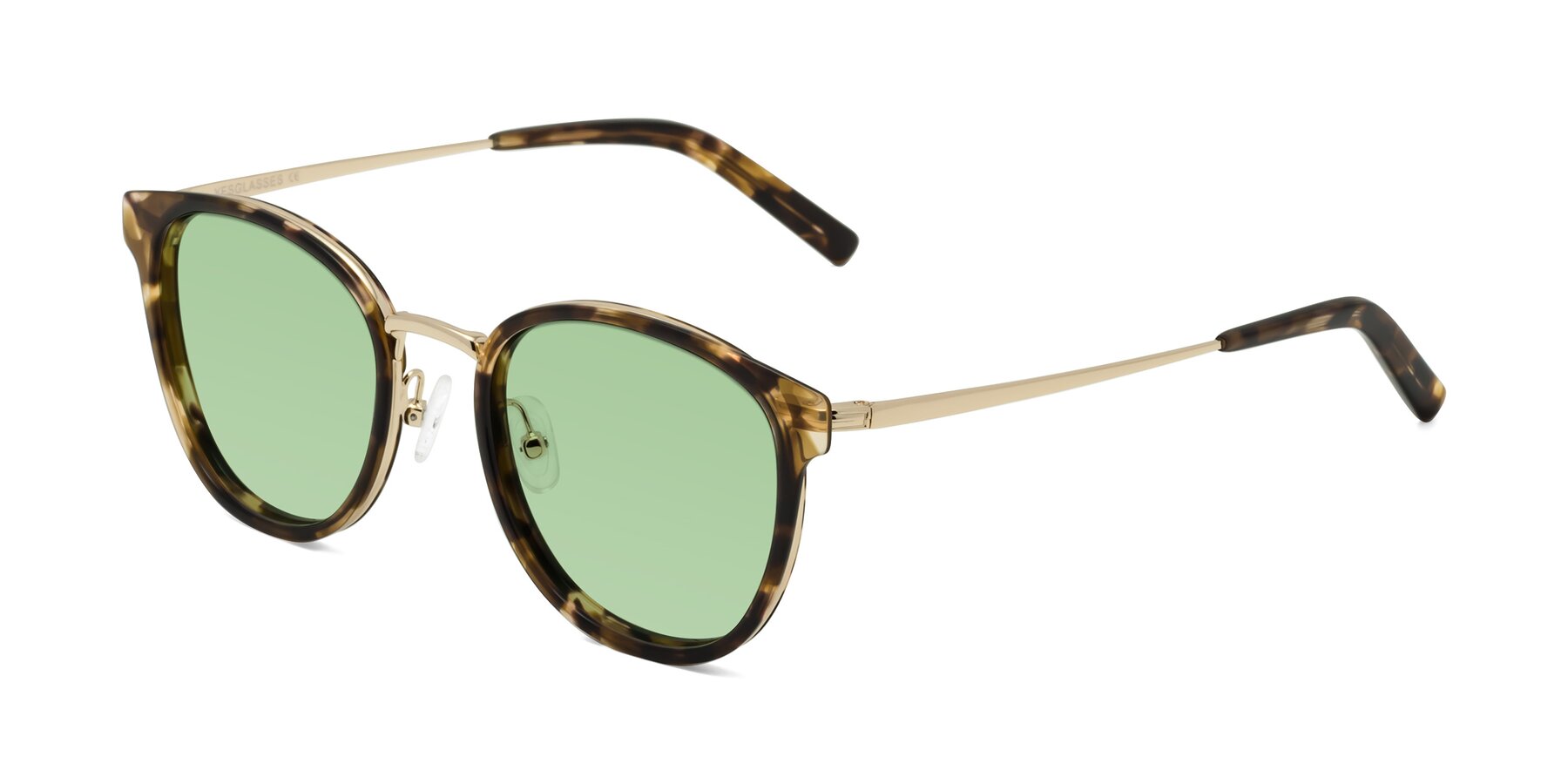 Angle of Callie in Tortoise-Gold with Medium Green Tinted Lenses