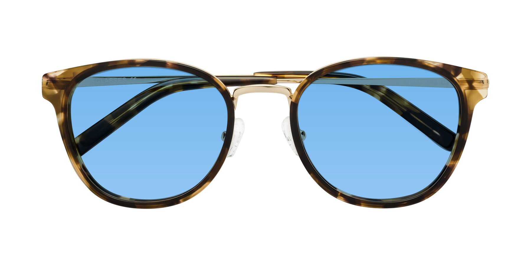 Folded Front of Callie in Tortoise-Gold with Medium Blue Tinted Lenses