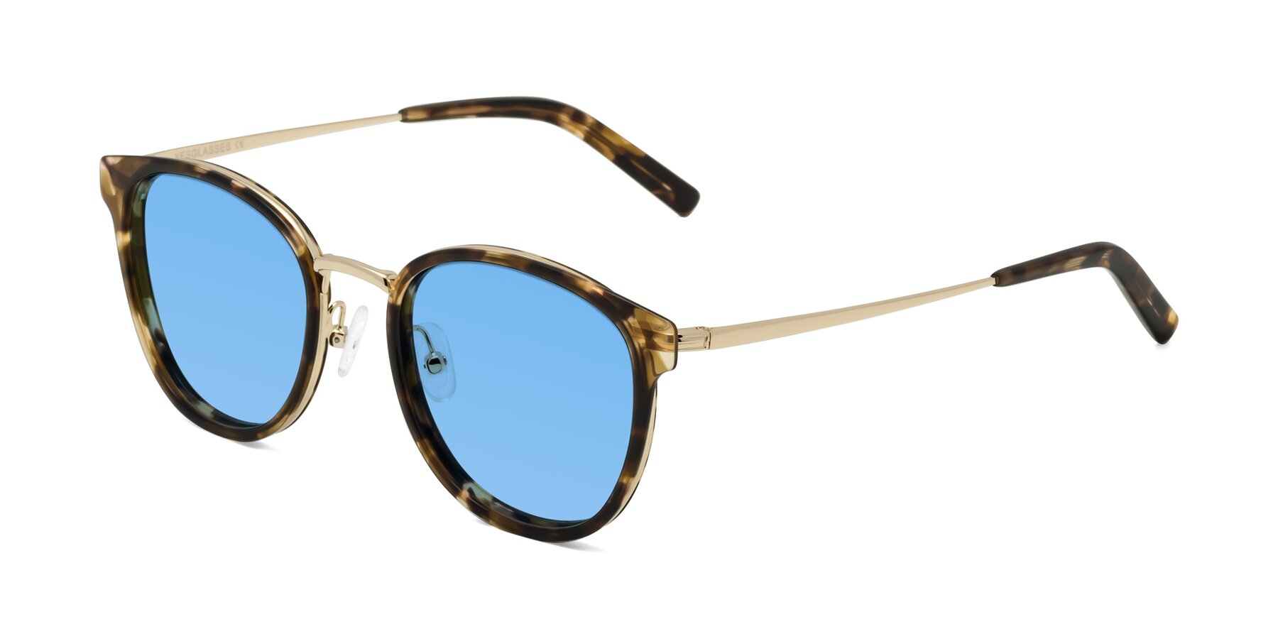 Angle of Callie in Tortoise-Gold with Medium Blue Tinted Lenses