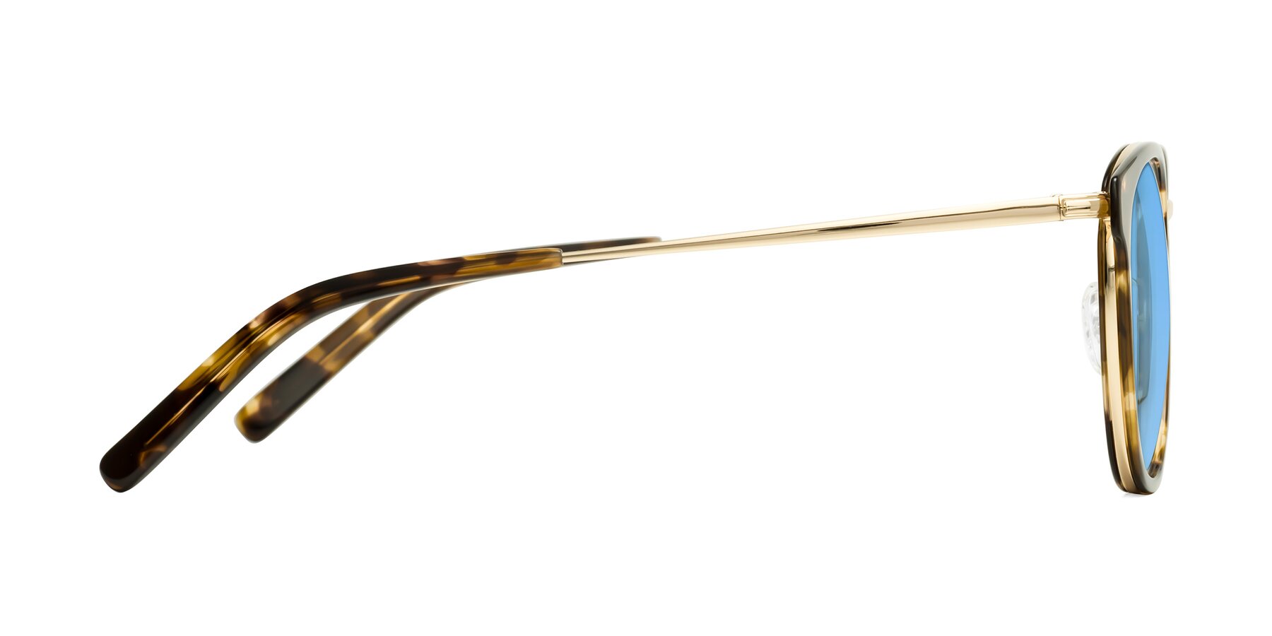 Side of Callie in Tortoise-Gold with Medium Blue Tinted Lenses