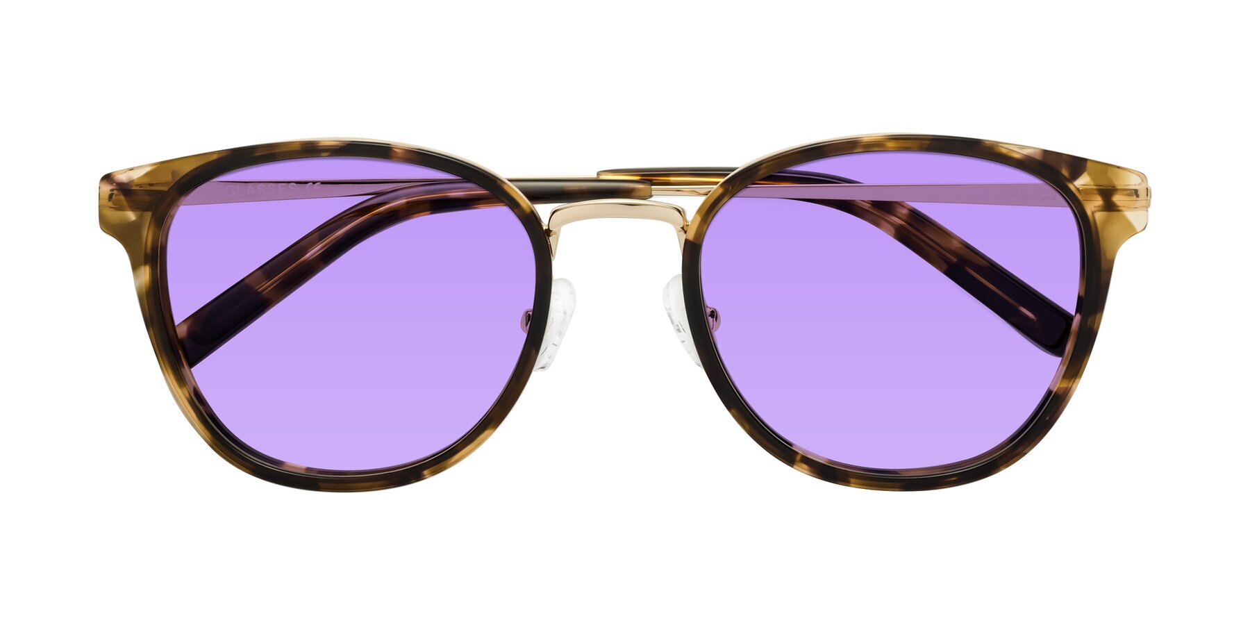 Folded Front of Callie in Tortoise-Gold with Medium Purple Tinted Lenses