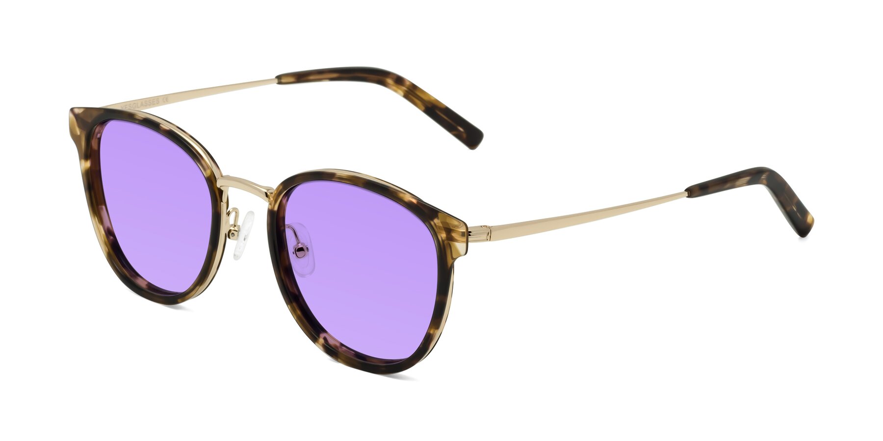 Angle of Callie in Tortoise-Gold with Medium Purple Tinted Lenses