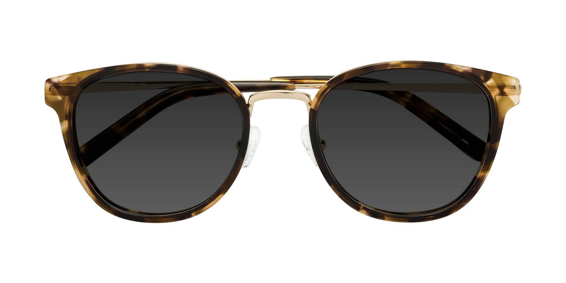 Folded Front of Callie in Tortoise-Gold with Gray Tinted Lenses