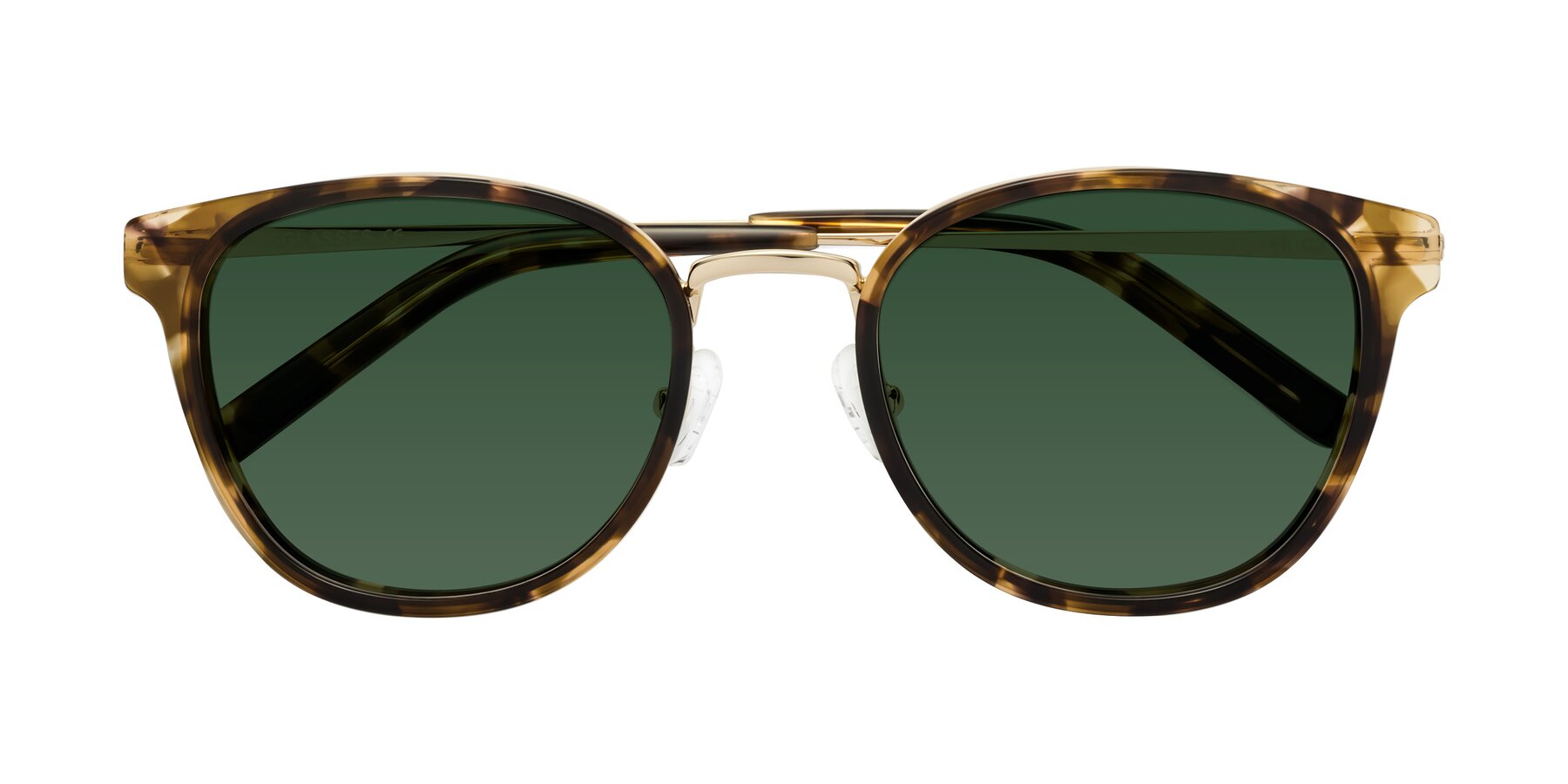 Folded Front of Callie in Tortoise-Gold with Green Tinted Lenses