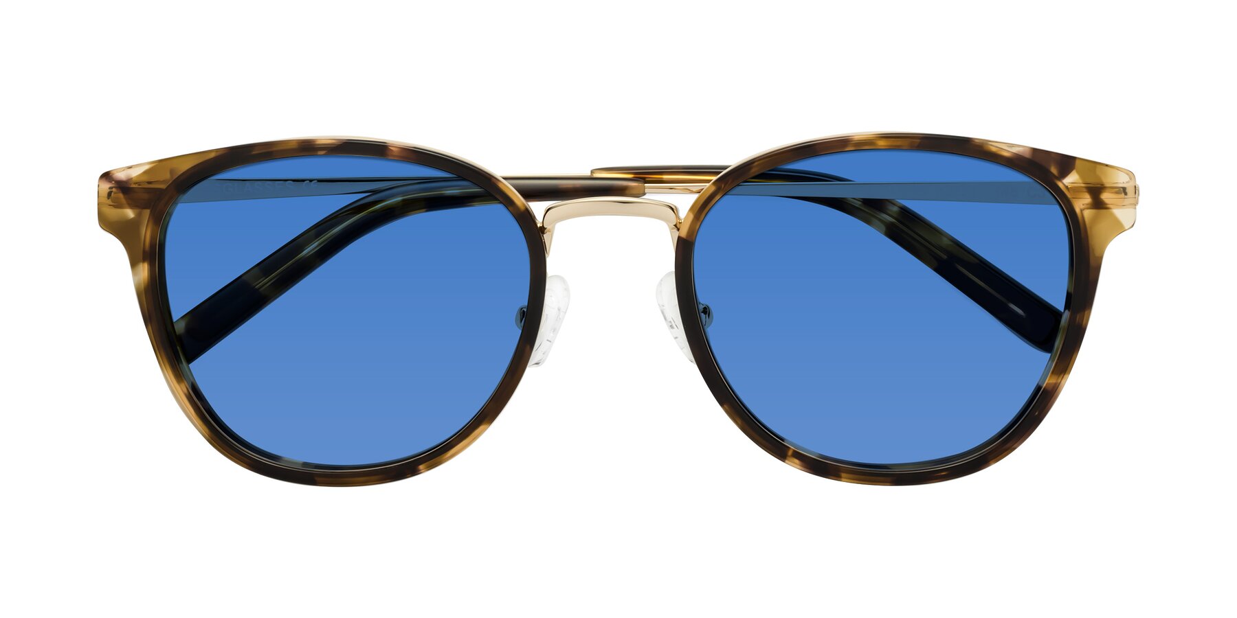 Folded Front of Callie in Tortoise-Gold with Blue Tinted Lenses