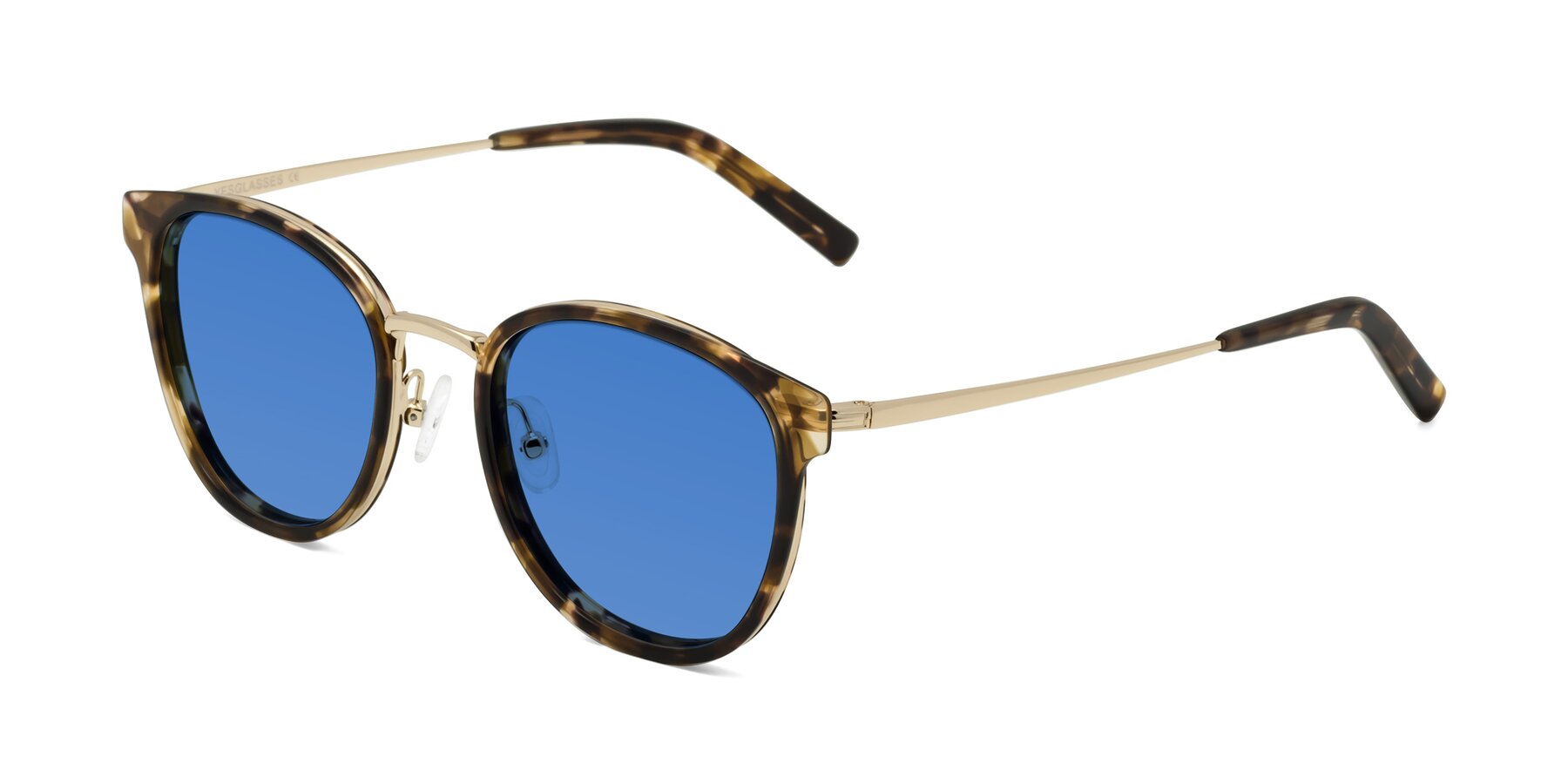 Angle of Callie in Tortoise-Gold with Blue Tinted Lenses