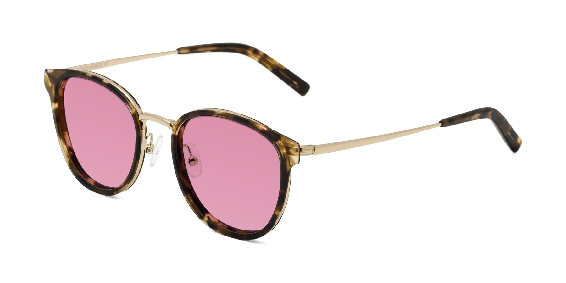 Angle of Callie in Tortoise-Gold with Medium Wine Tinted Lenses