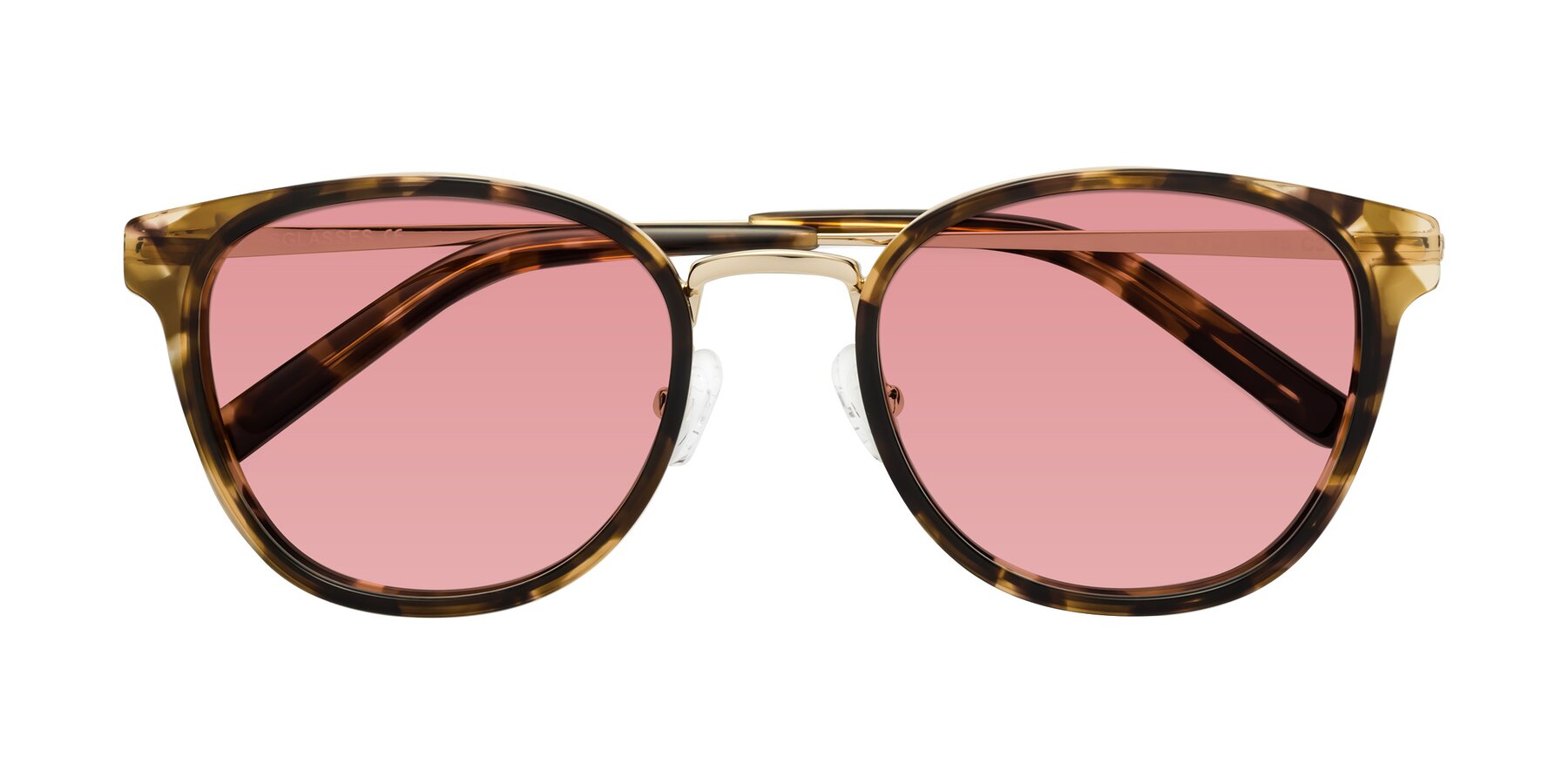 Folded Front of Callie in Tortoise-Gold with Medium Garnet Tinted Lenses