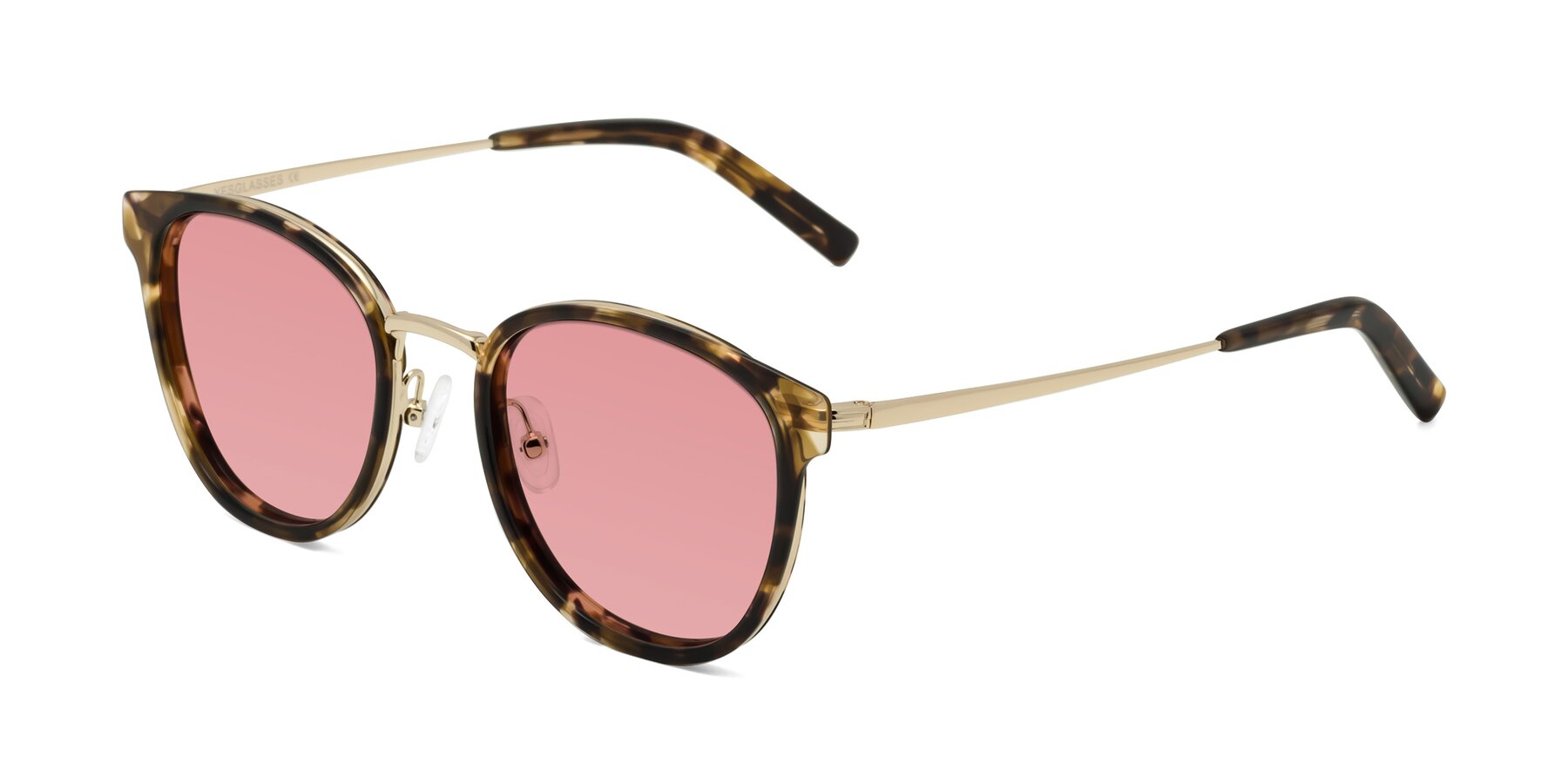 Angle of Callie in Tortoise-Gold with Medium Garnet Tinted Lenses