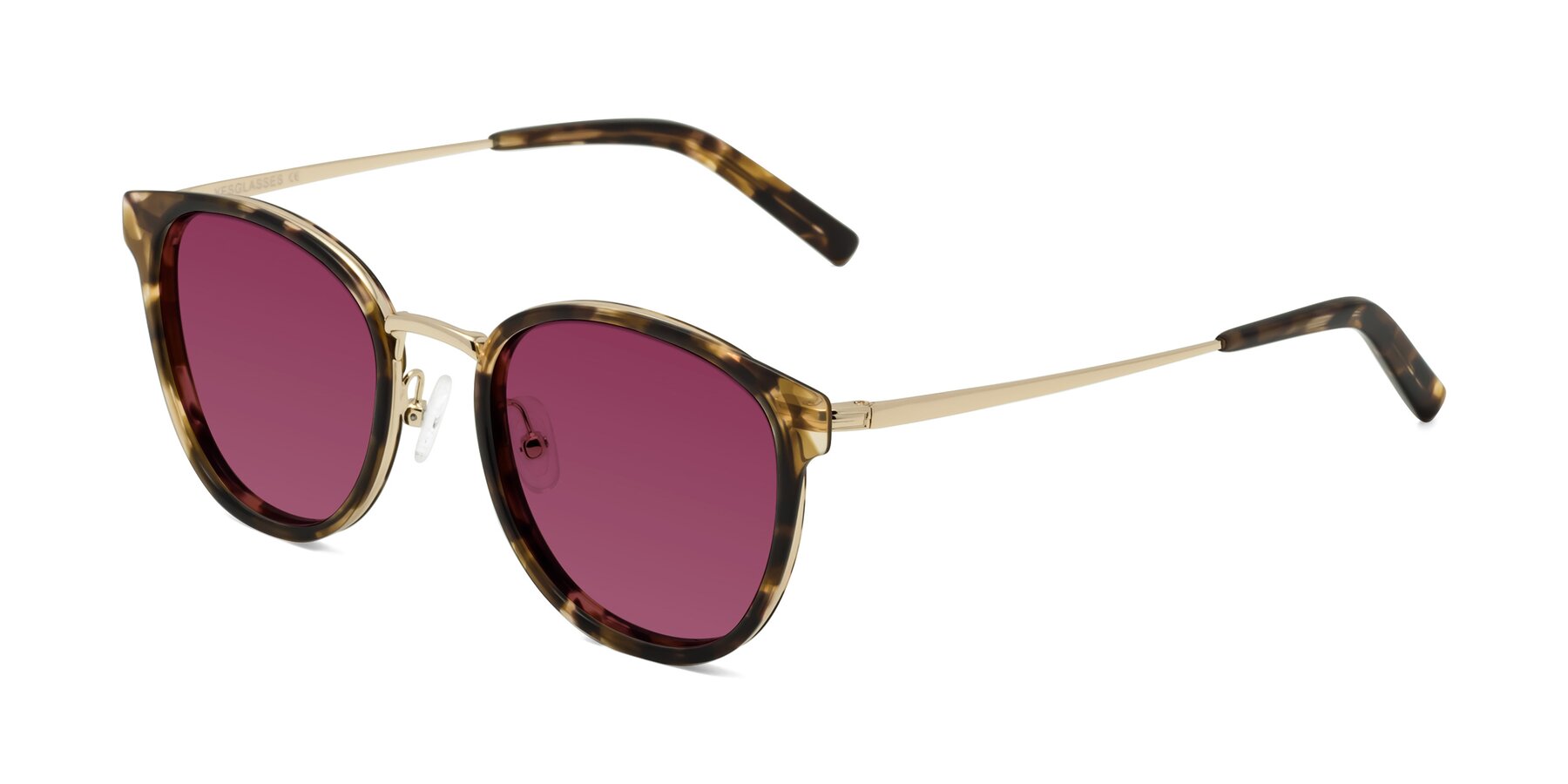 Angle of Callie in Tortoise-Gold with Wine Tinted Lenses