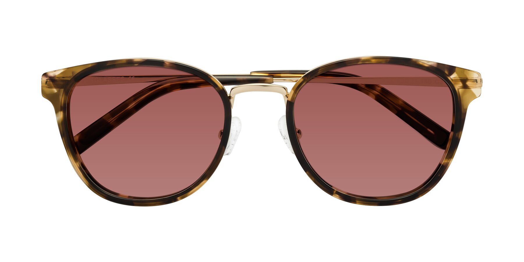 Folded Front of Callie in Tortoise-Gold with Garnet Tinted Lenses