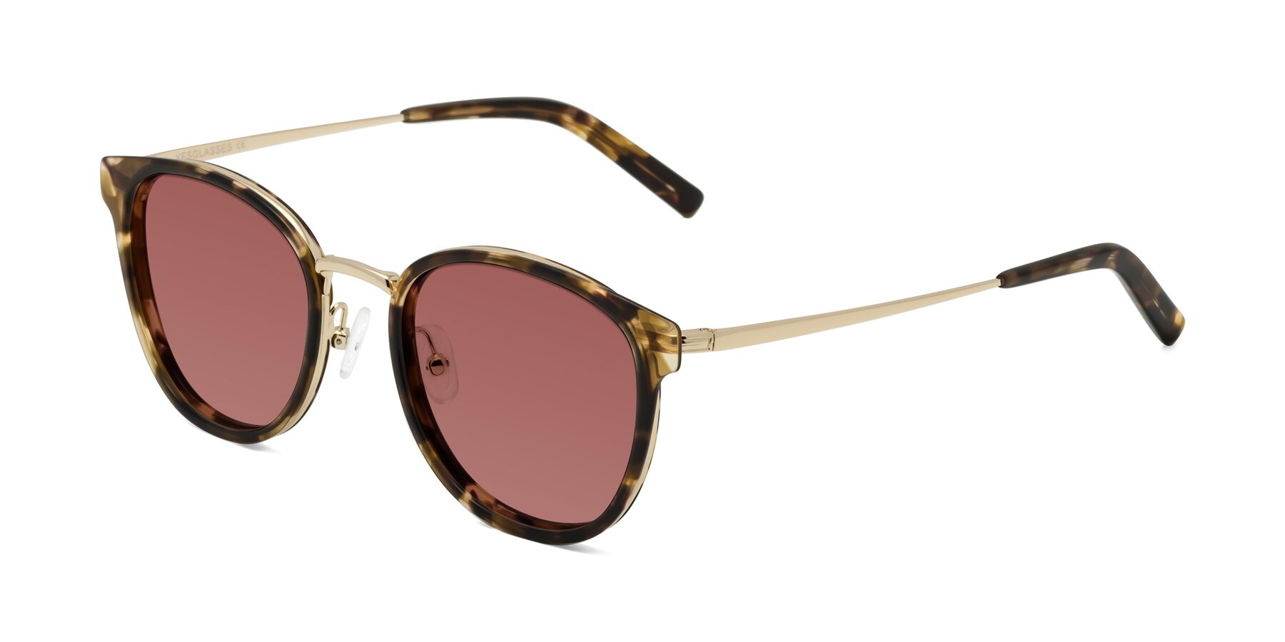 Angle of Callie in Tortoise-Gold with Garnet Tinted Lenses