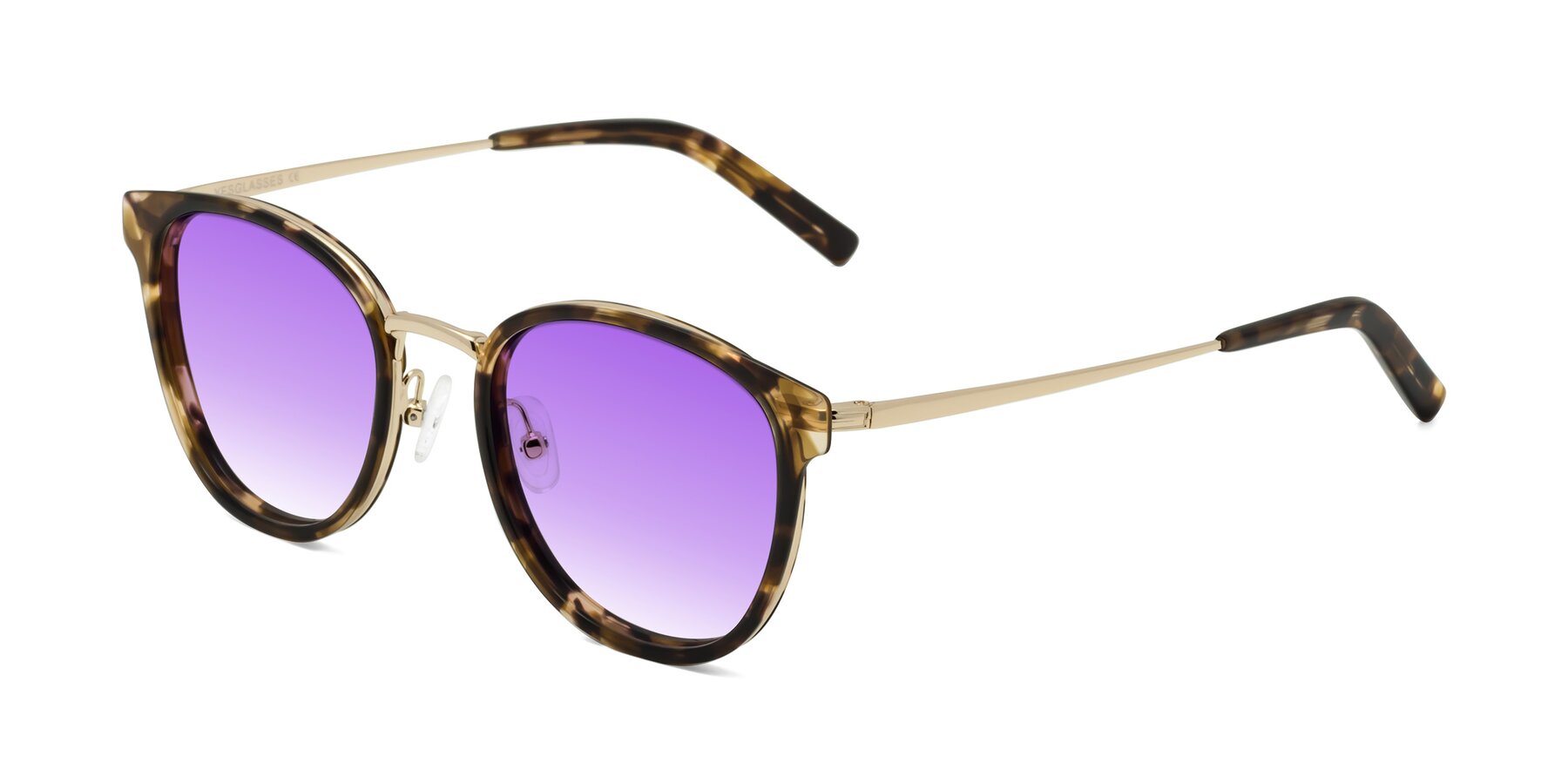 Angle of Callie in Tortoise-Gold with Purple Gradient Lenses