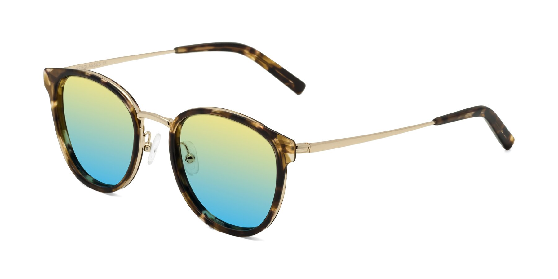 Angle of Callie in Tortoise-Gold with Yellow / Blue Gradient Lenses