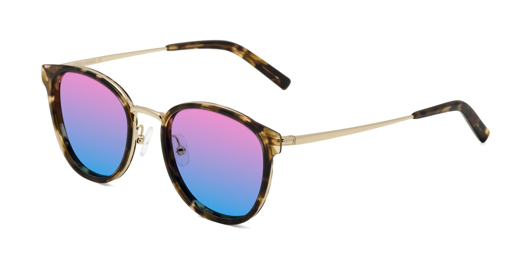 Angle of Callie in Tortoise-Gold with Pink / Blue Gradient Lenses