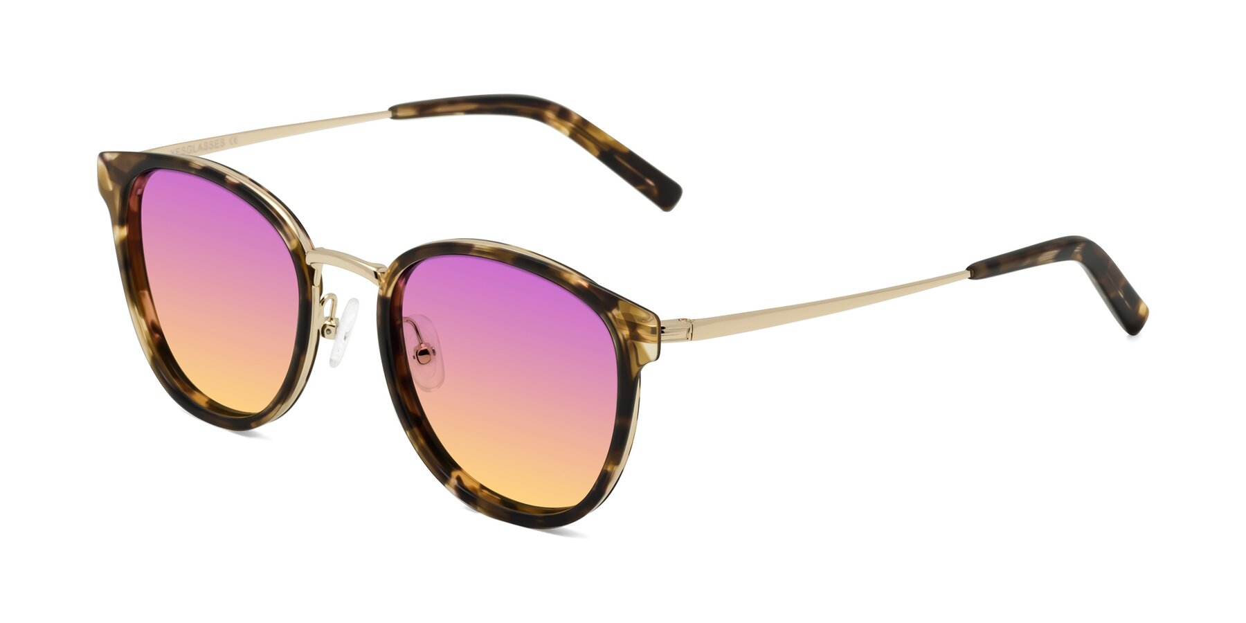 Angle of Callie in Tortoise-Gold with Purple / Yellow Gradient Lenses
