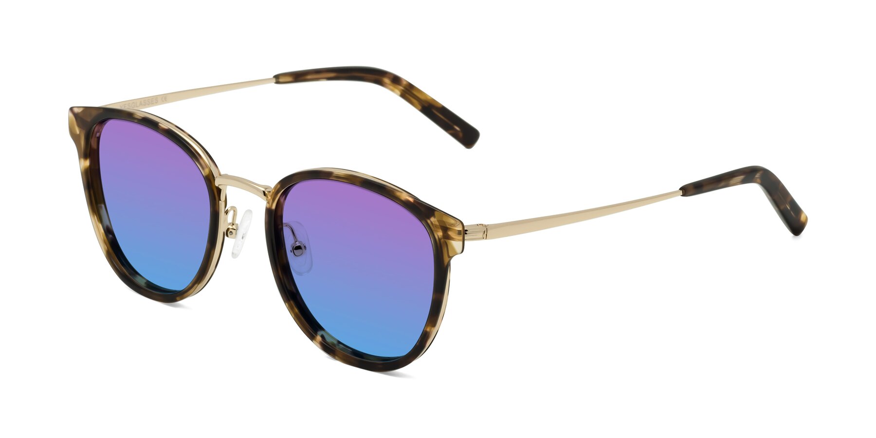 Angle of Callie in Tortoise-Gold with Purple / Blue Gradient Lenses