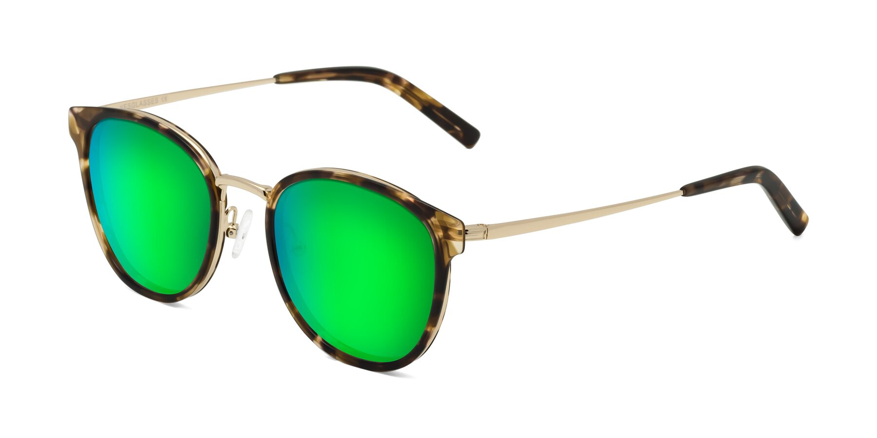 Angle of Callie in Tortoise-Gold with Green Mirrored Lenses