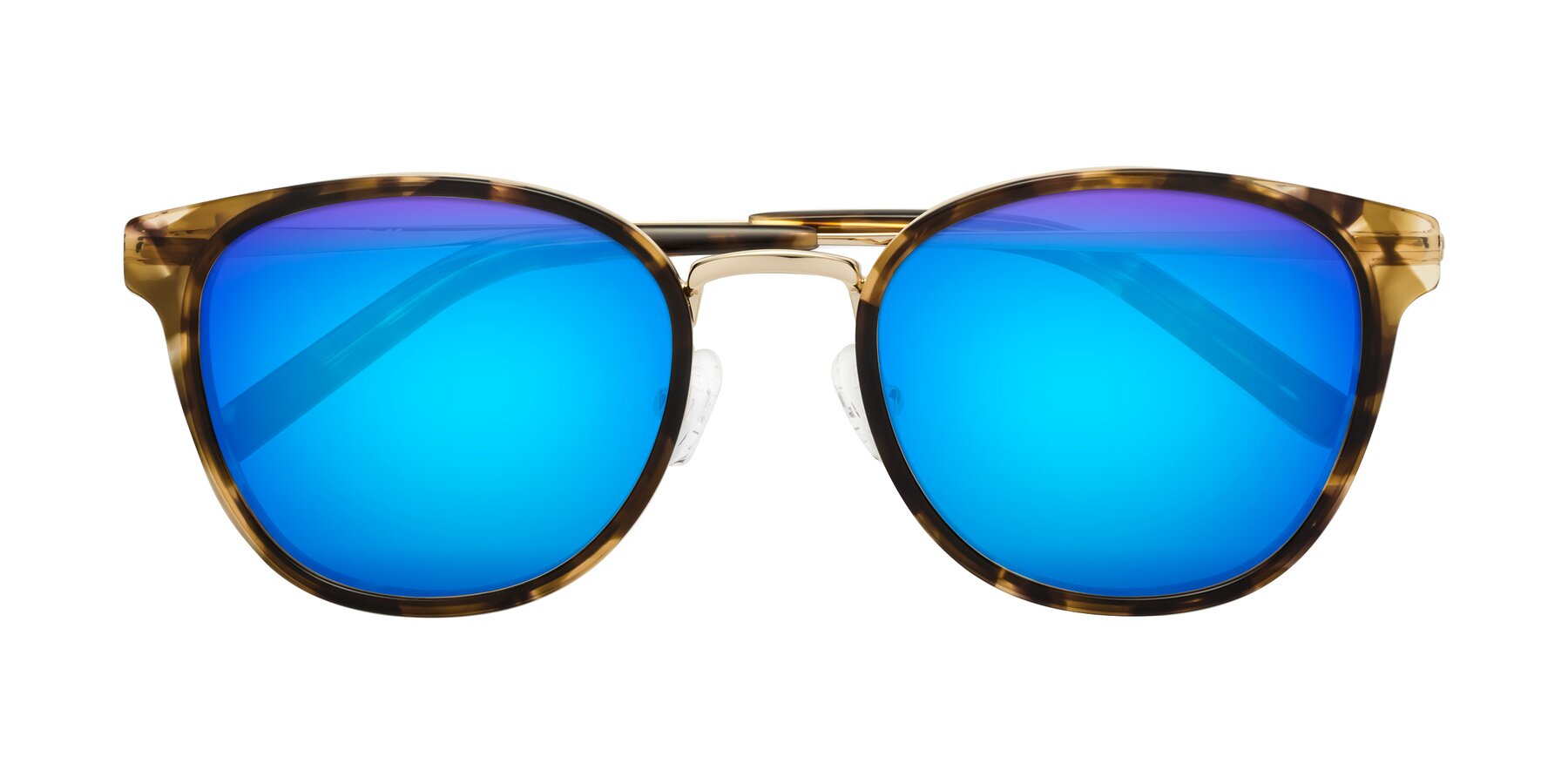 Folded Front of Callie in Tortoise-Gold with Blue Mirrored Lenses