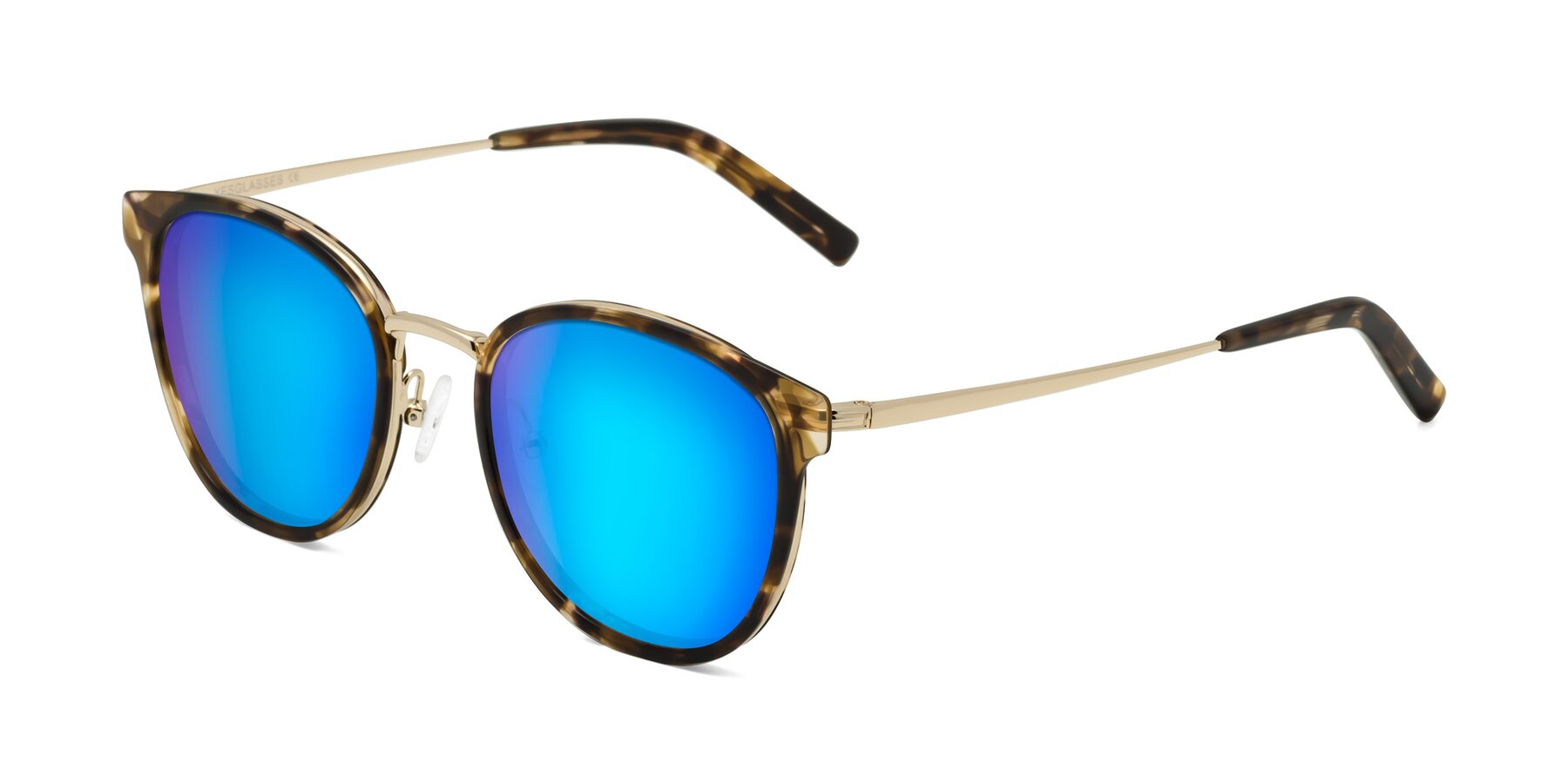 Angle of Callie in Tortoise-Gold with Blue Mirrored Lenses