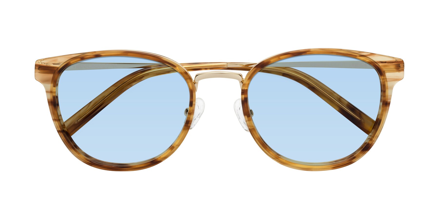 Folded Front of Callie in Amber Striped with Light Blue Tinted Lenses