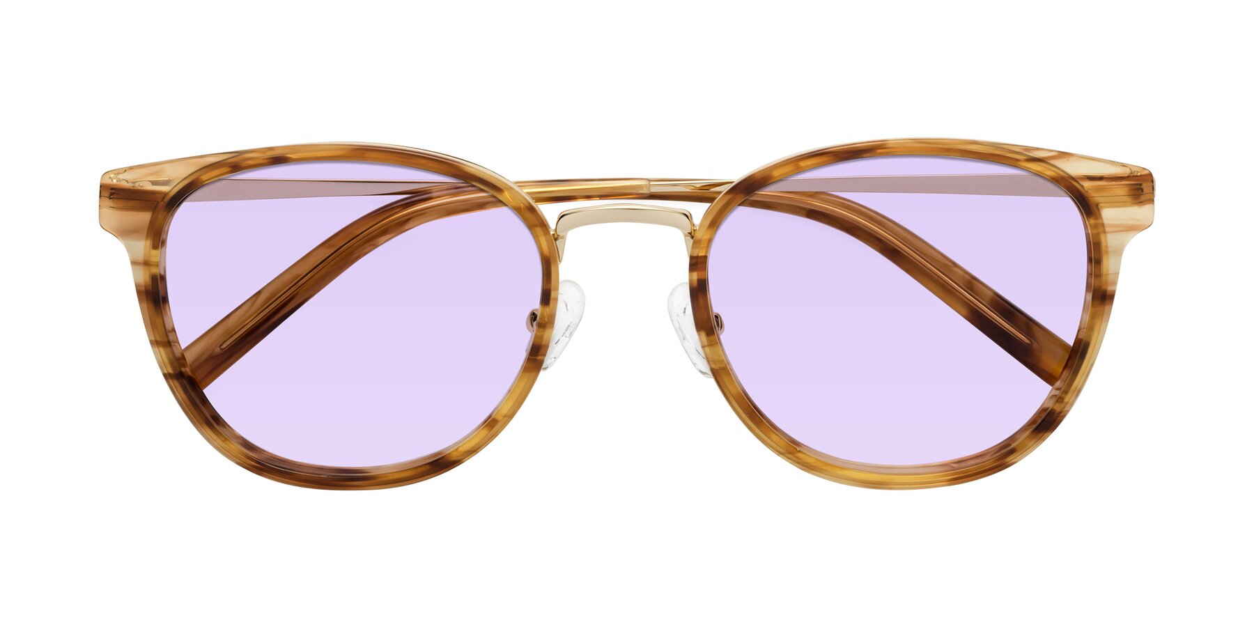 Folded Front of Callie in Amber Striped with Light Purple Tinted Lenses