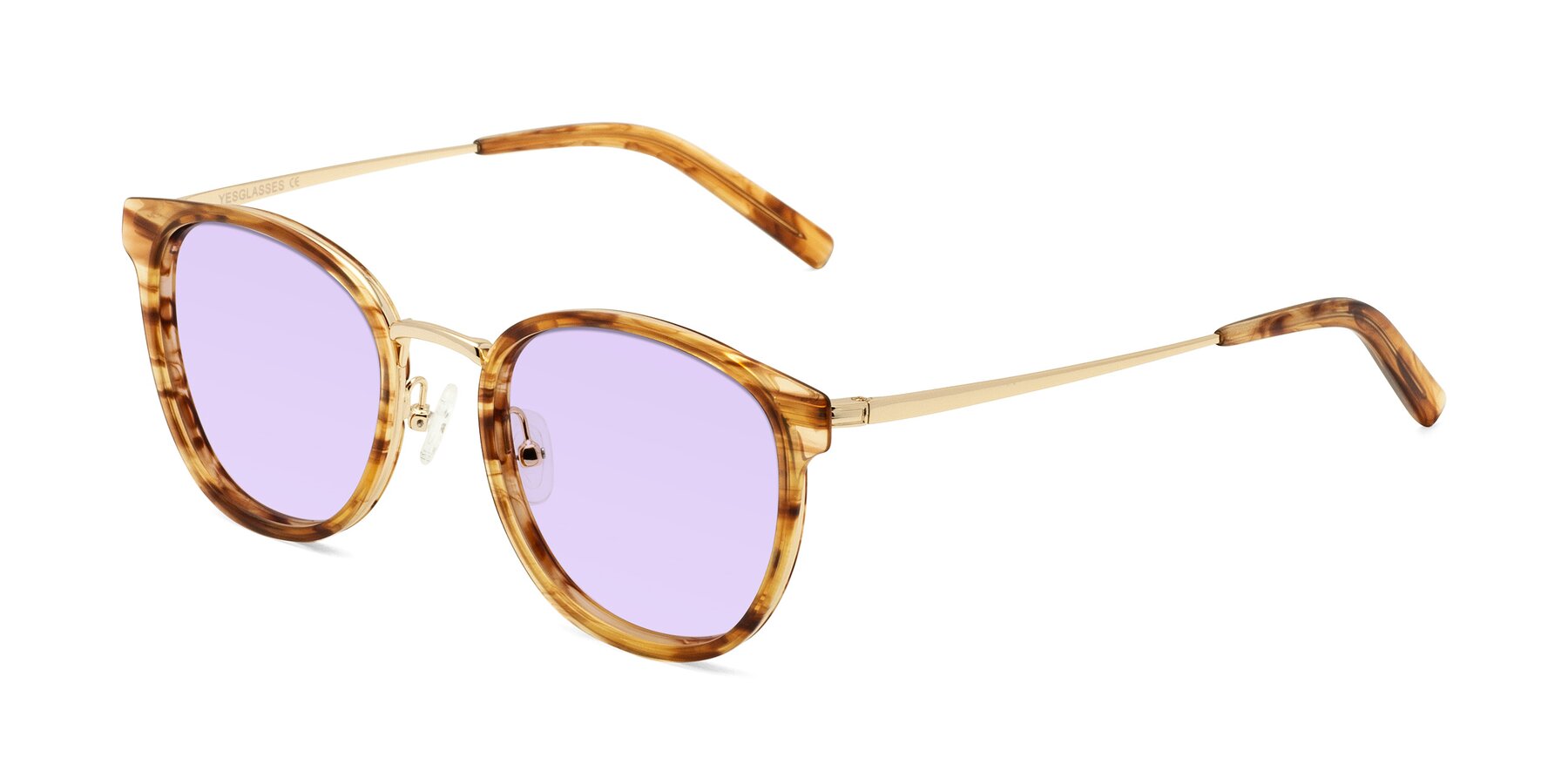 Angle of Callie in Amber Striped with Light Purple Tinted Lenses