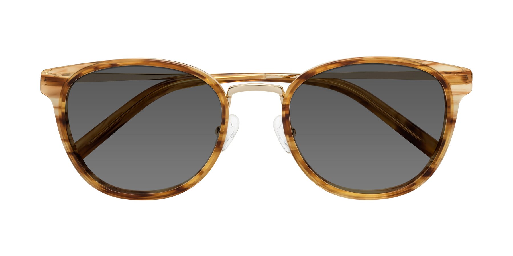 Folded Front of Callie in Amber Striped with Medium Gray Tinted Lenses