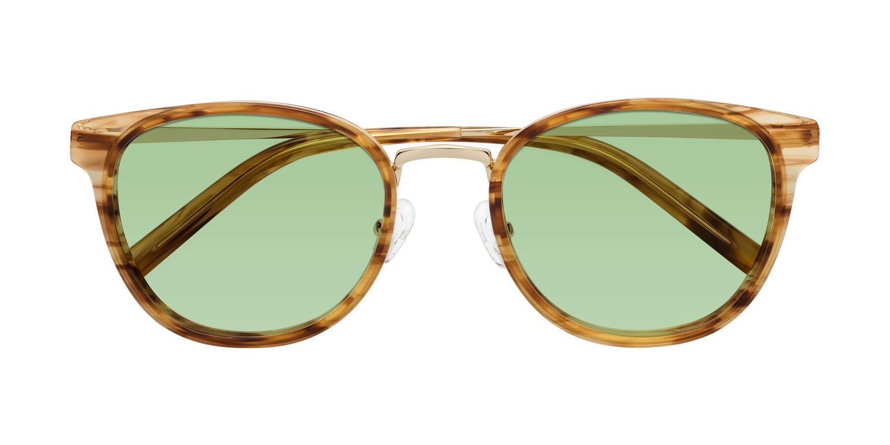 Folded Front of Callie in Amber Striped with Medium Green Tinted Lenses