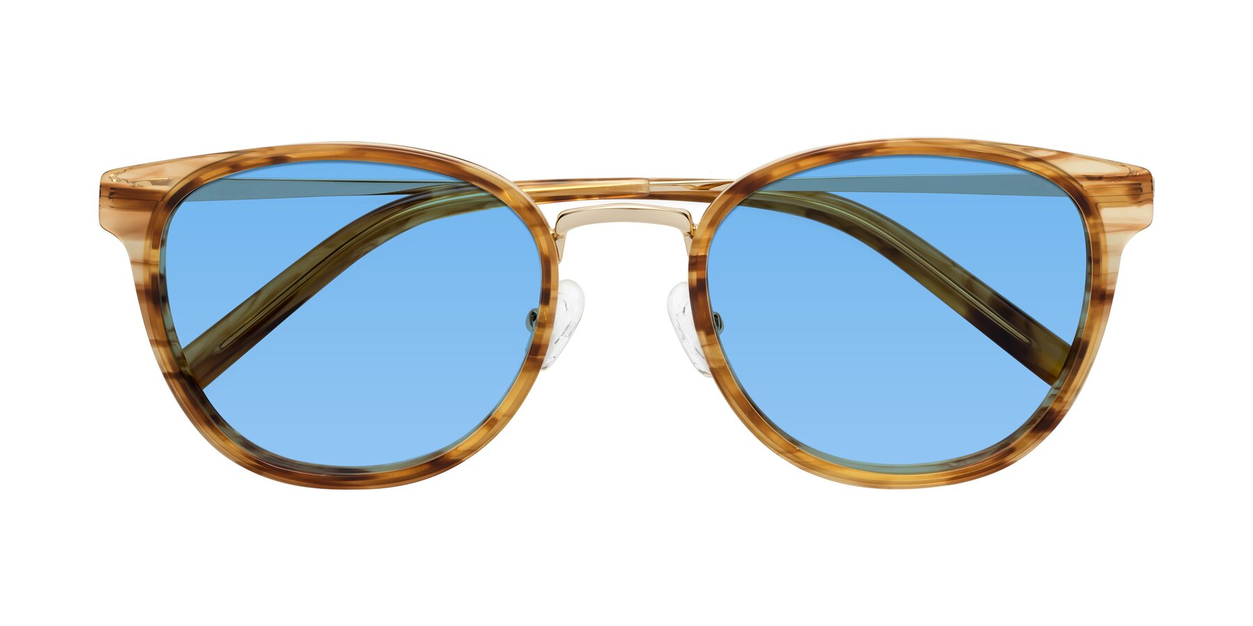 Folded Front of Callie in Amber Striped with Medium Blue Tinted Lenses