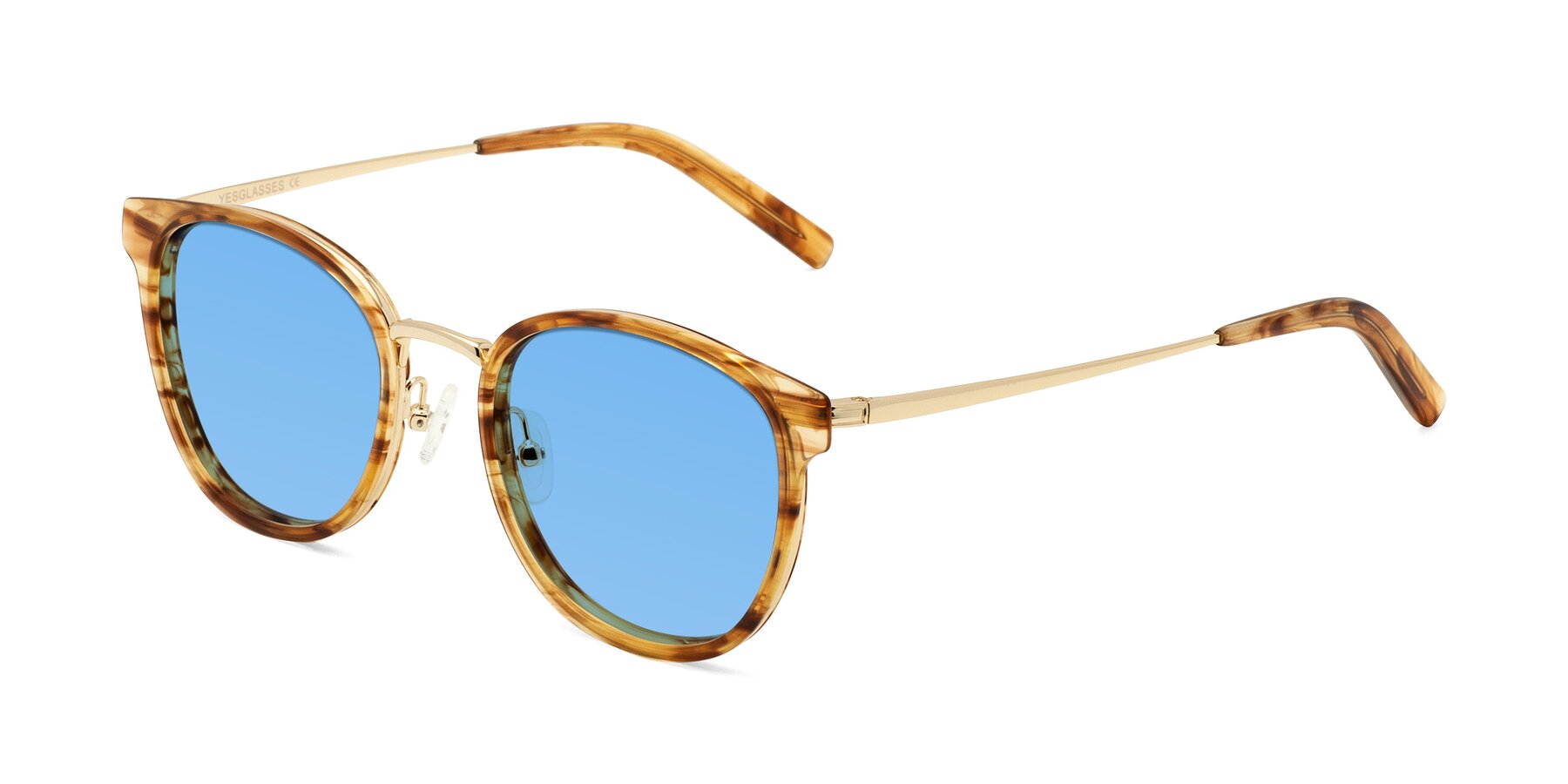 Angle of Callie in Amber Striped with Medium Blue Tinted Lenses