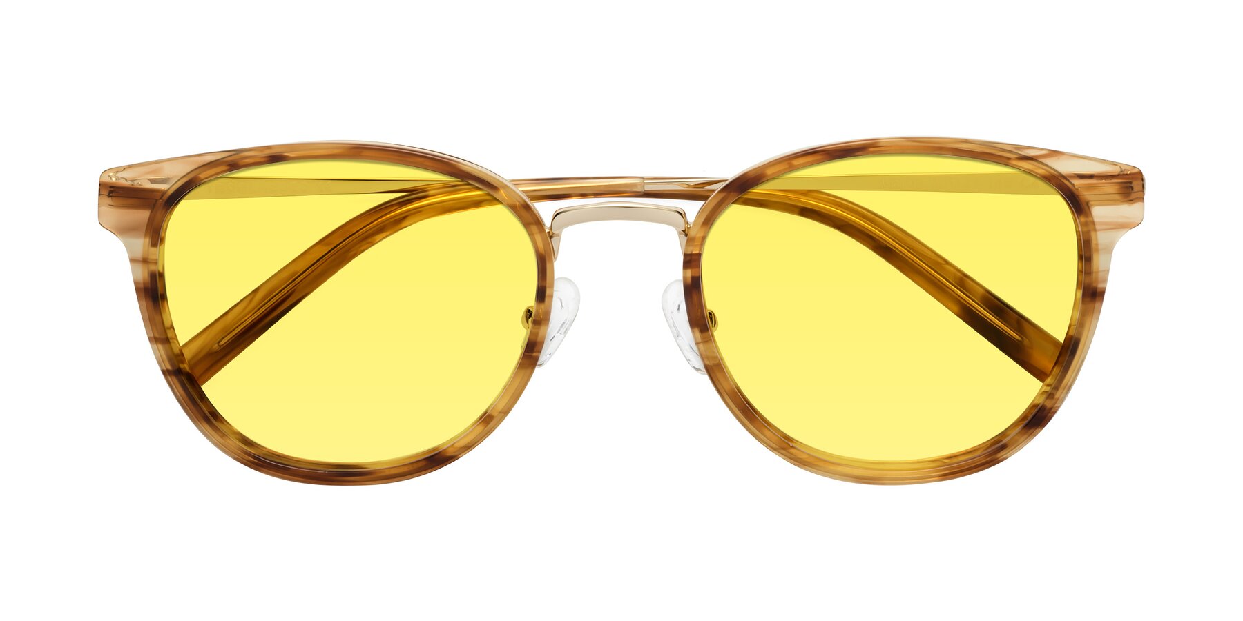 Folded Front of Callie in Amber Striped with Medium Yellow Tinted Lenses