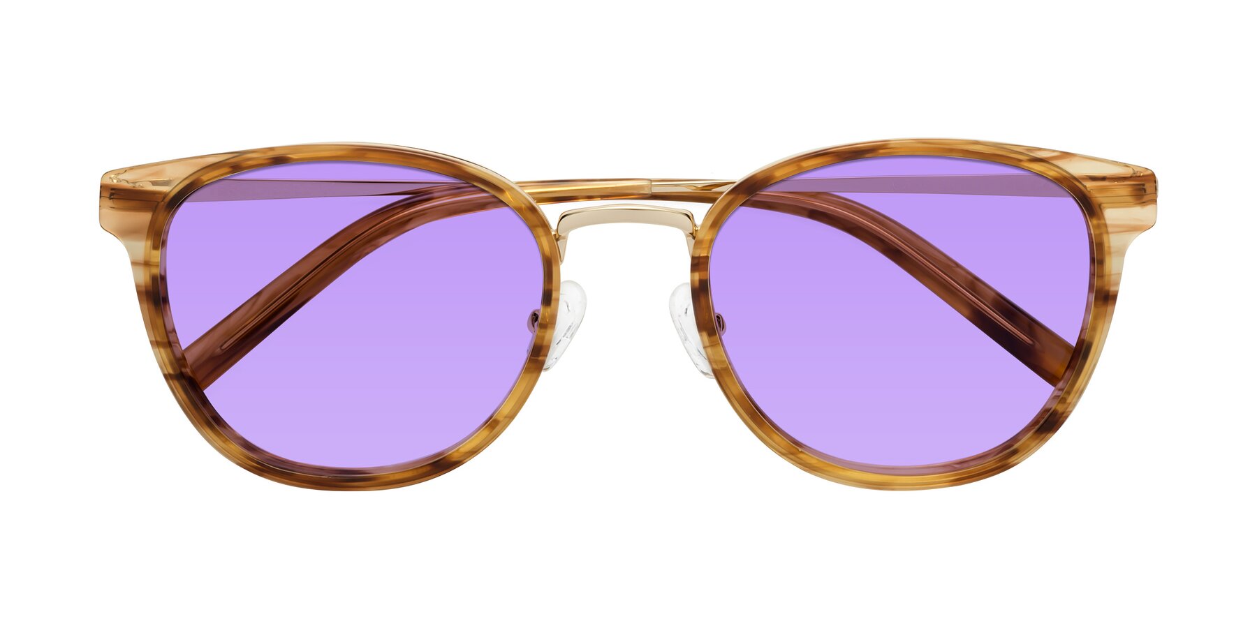 Folded Front of Callie in Amber Striped with Medium Purple Tinted Lenses
