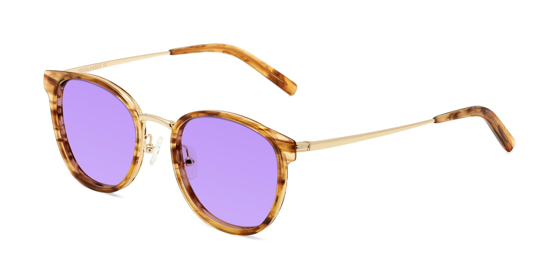 Angle of Callie in Amber Striped with Medium Purple Tinted Lenses