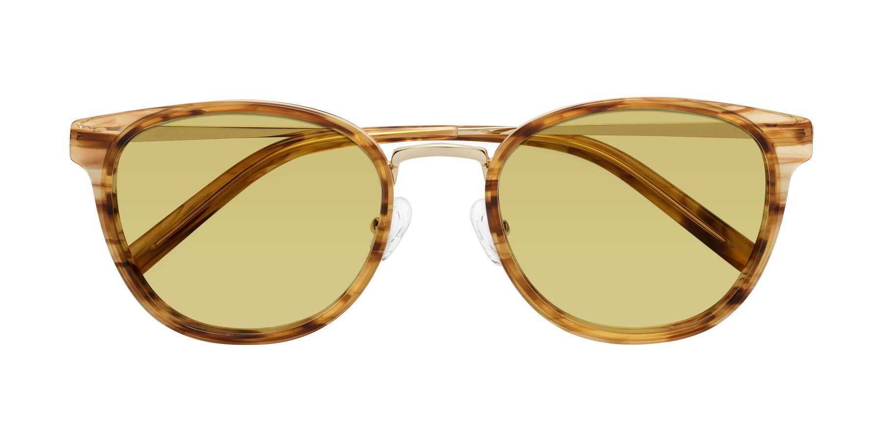 Folded Front of Callie in Amber Striped with Medium Champagne Tinted Lenses