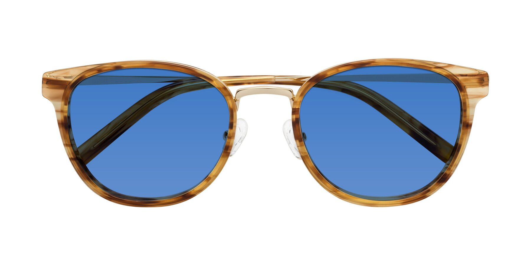 Folded Front of Callie in Amber Striped with Blue Tinted Lenses