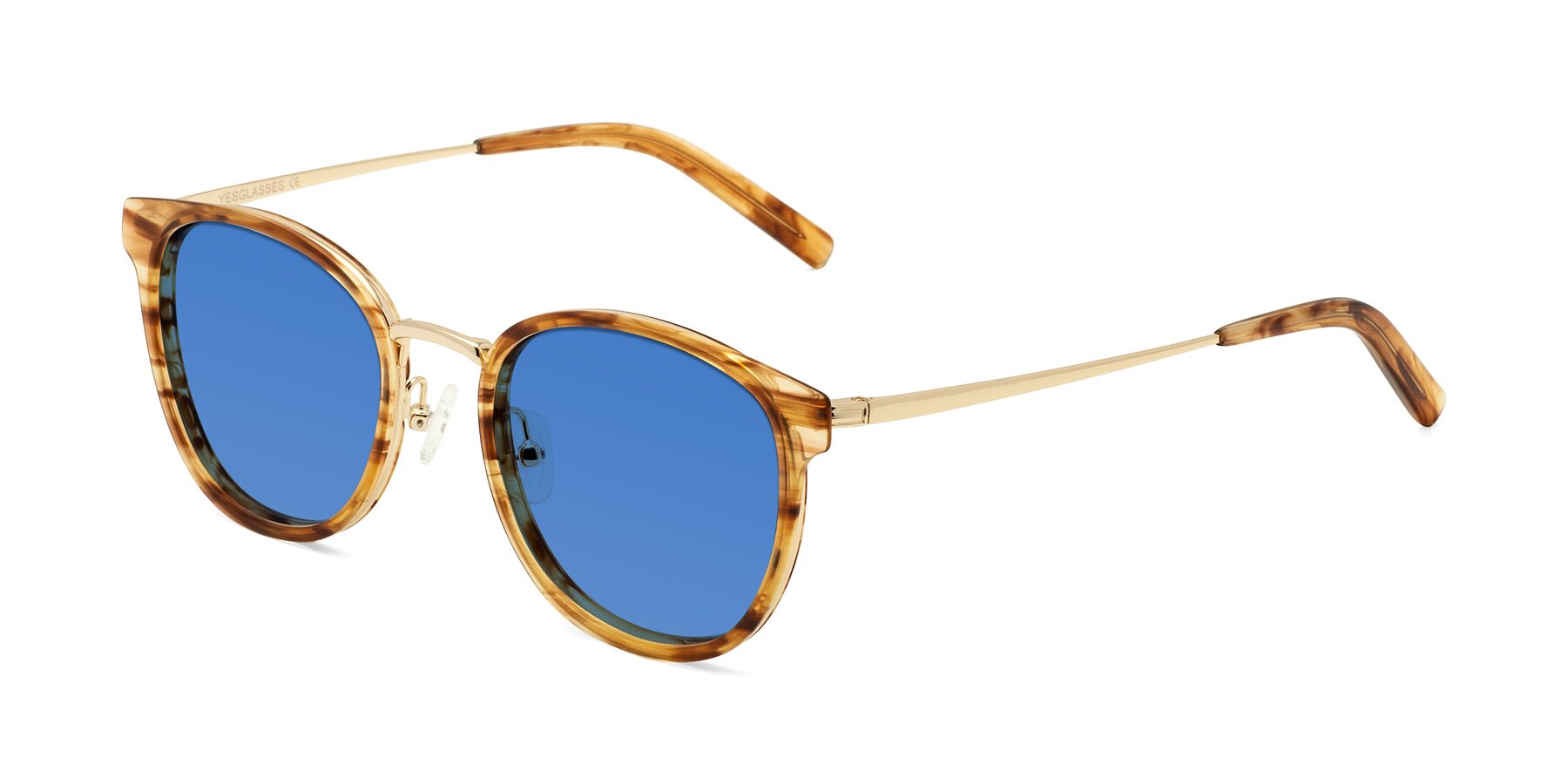 Angle of Callie in Amber Striped with Blue Tinted Lenses