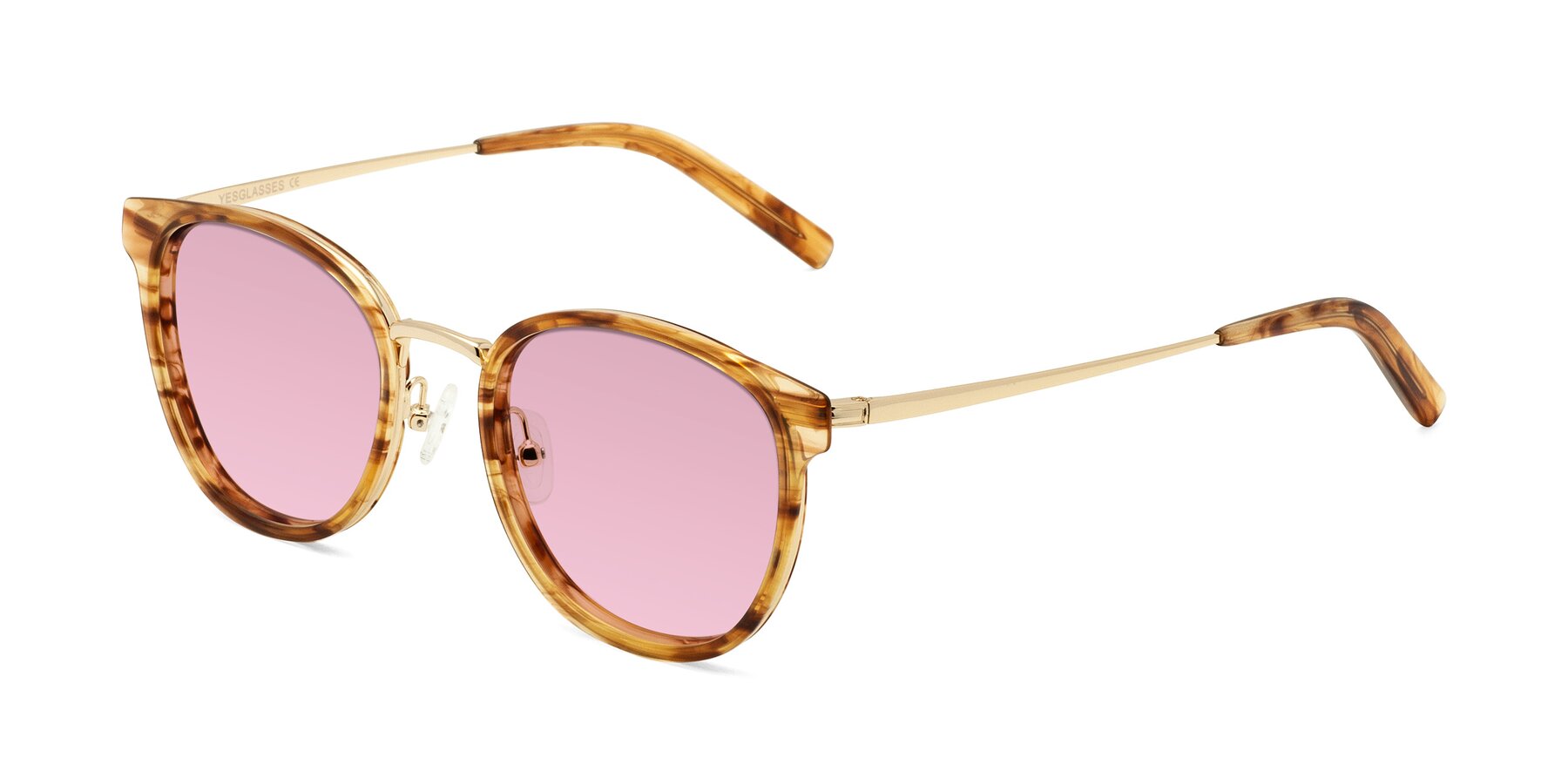 Angle of Callie in Amber Striped with Light Wine Tinted Lenses