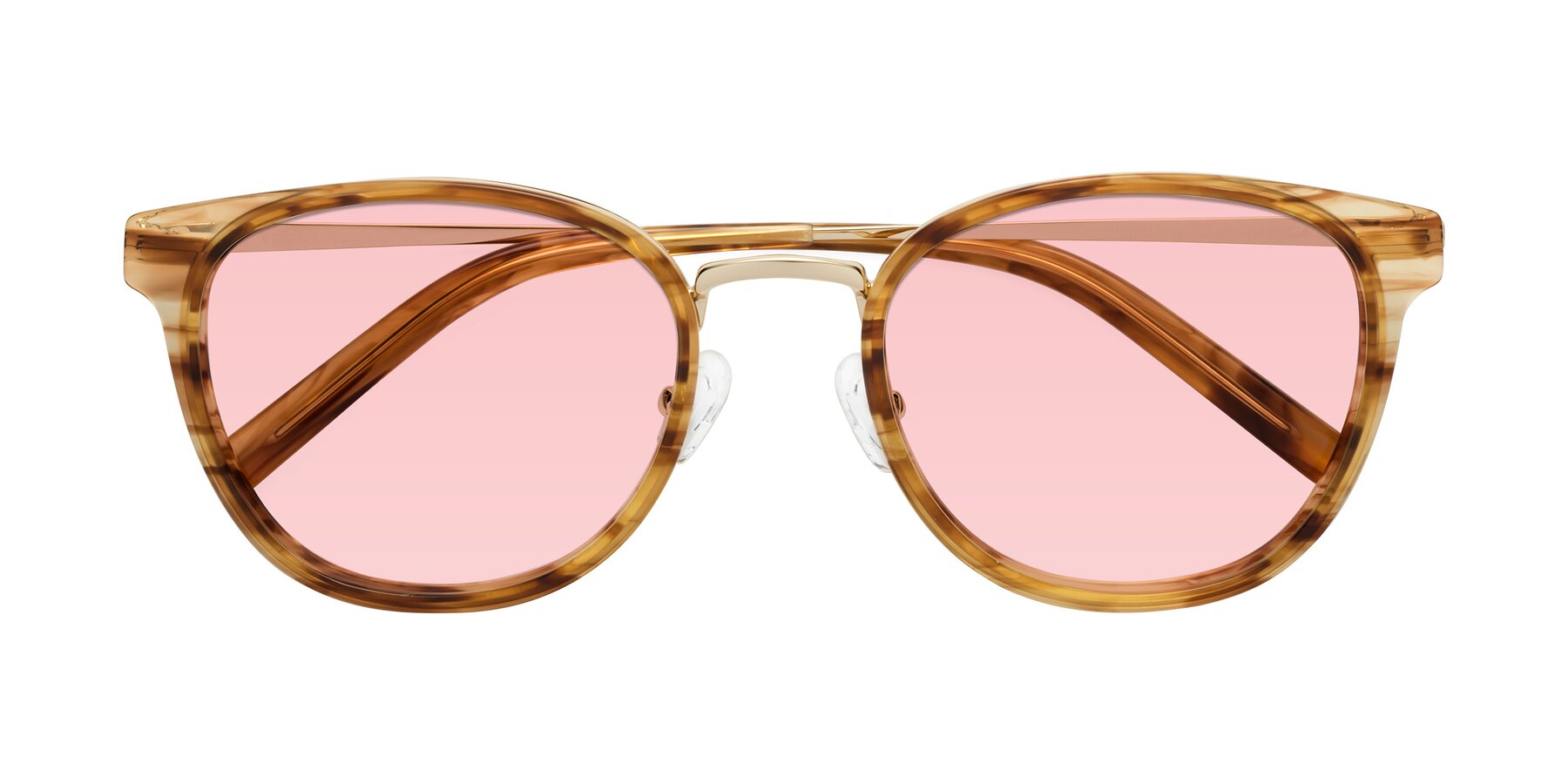 Folded Front of Callie in Amber Striped with Light Garnet Tinted Lenses