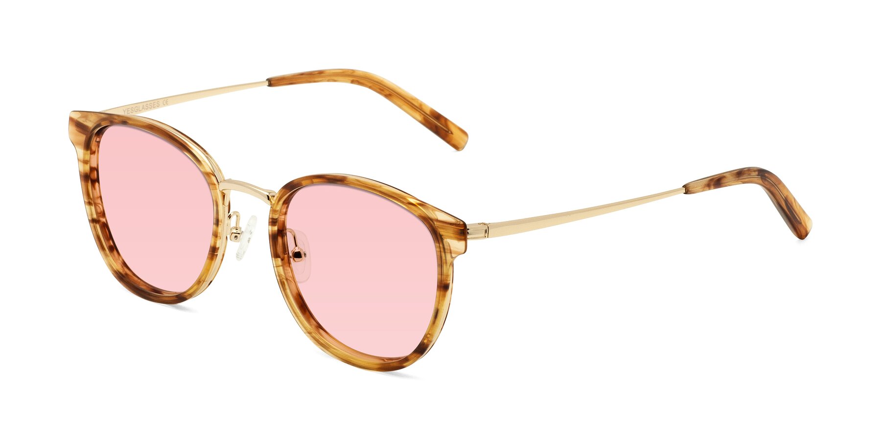 Angle of Callie in Amber Striped with Light Garnet Tinted Lenses