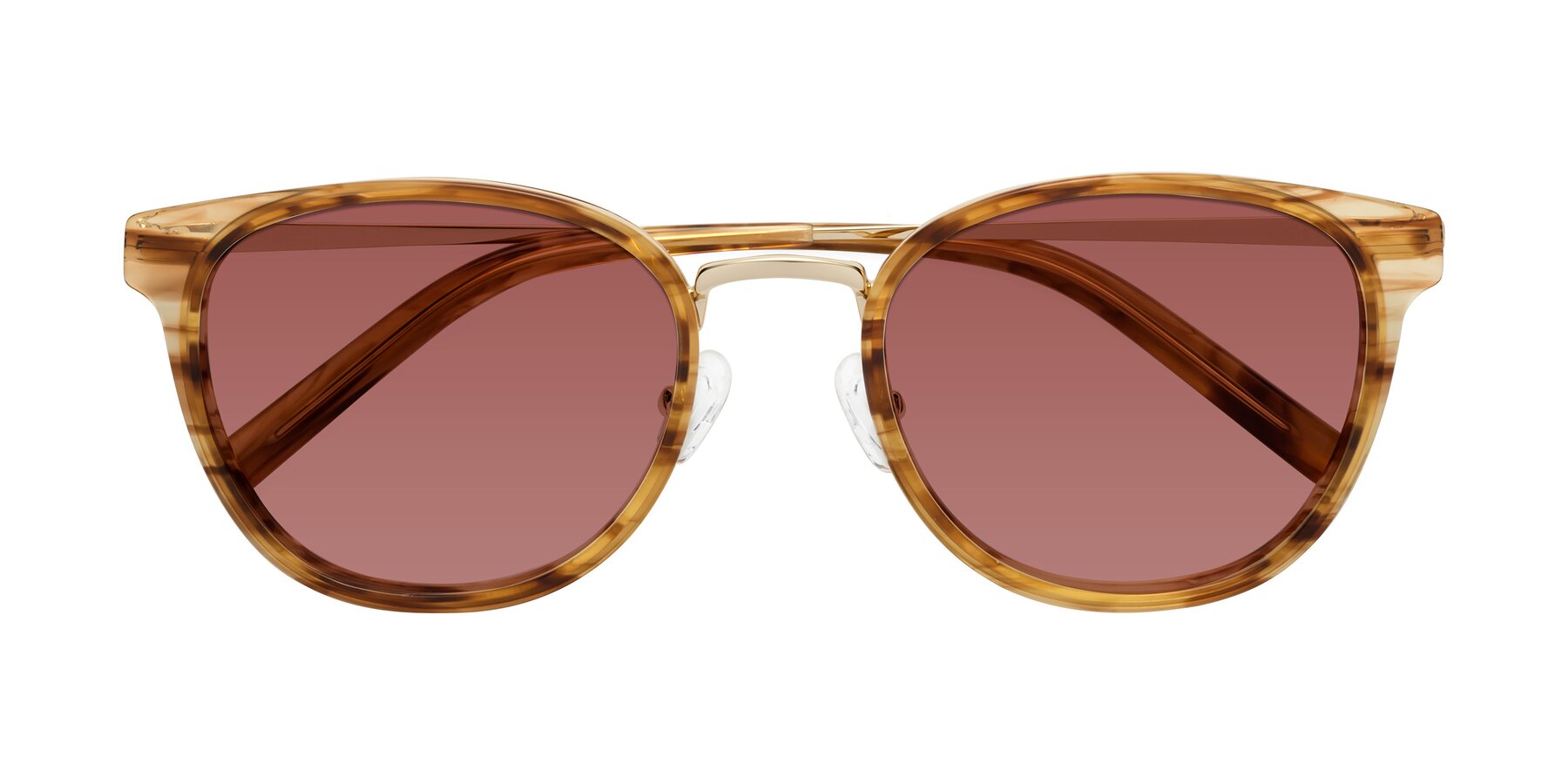 Folded Front of Callie in Amber Striped with Garnet Tinted Lenses