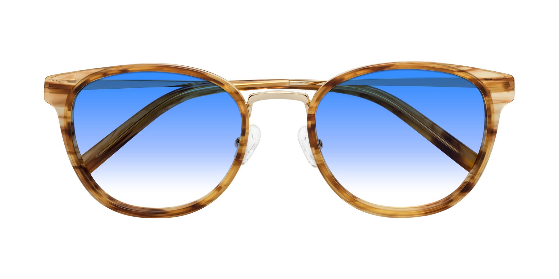 Folded Front of Callie in Amber Striped with Blue Gradient Lenses