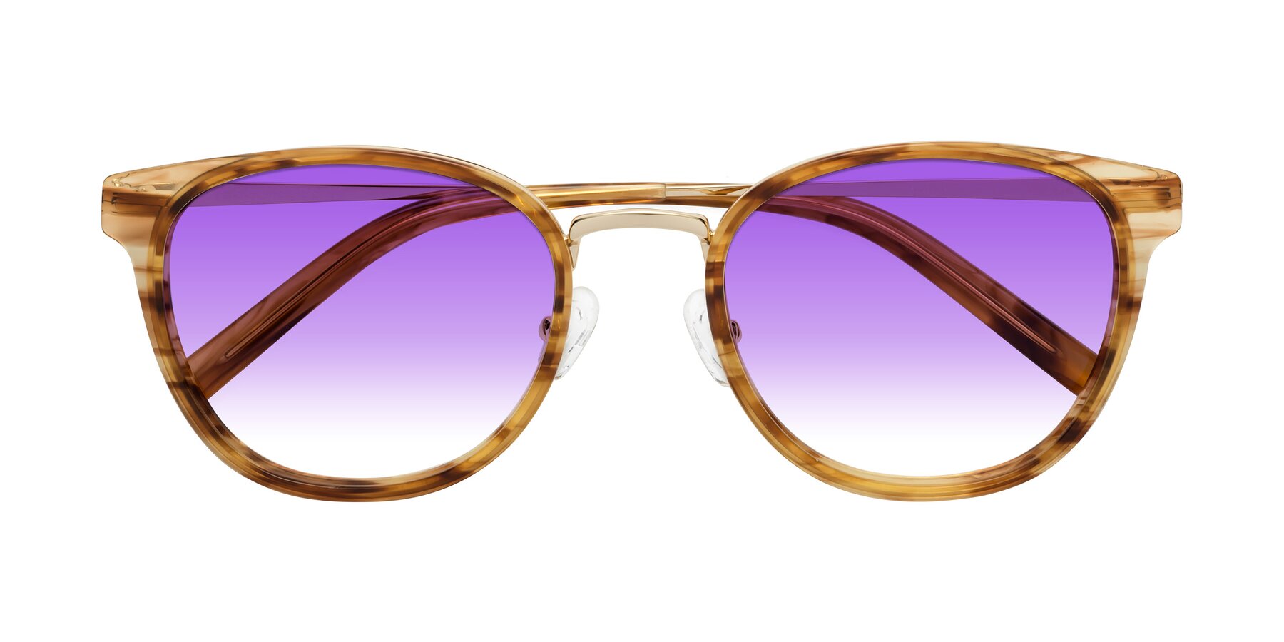 Folded Front of Callie in Amber Striped with Purple Gradient Lenses