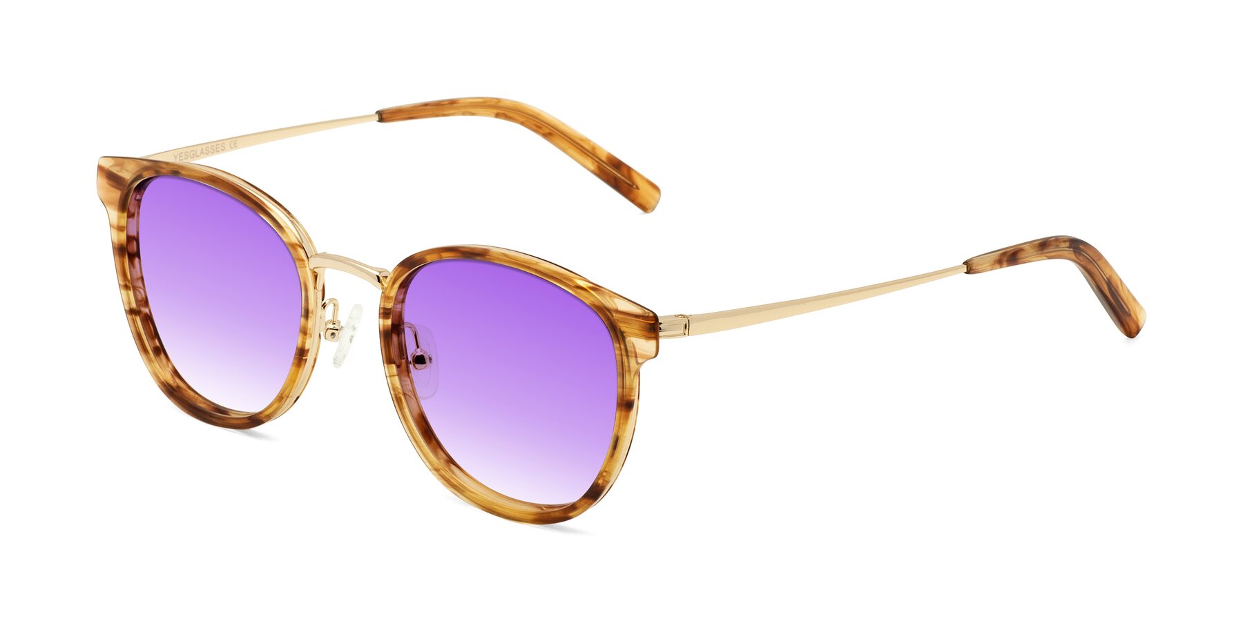 Angle of Callie in Amber Striped with Purple Gradient Lenses