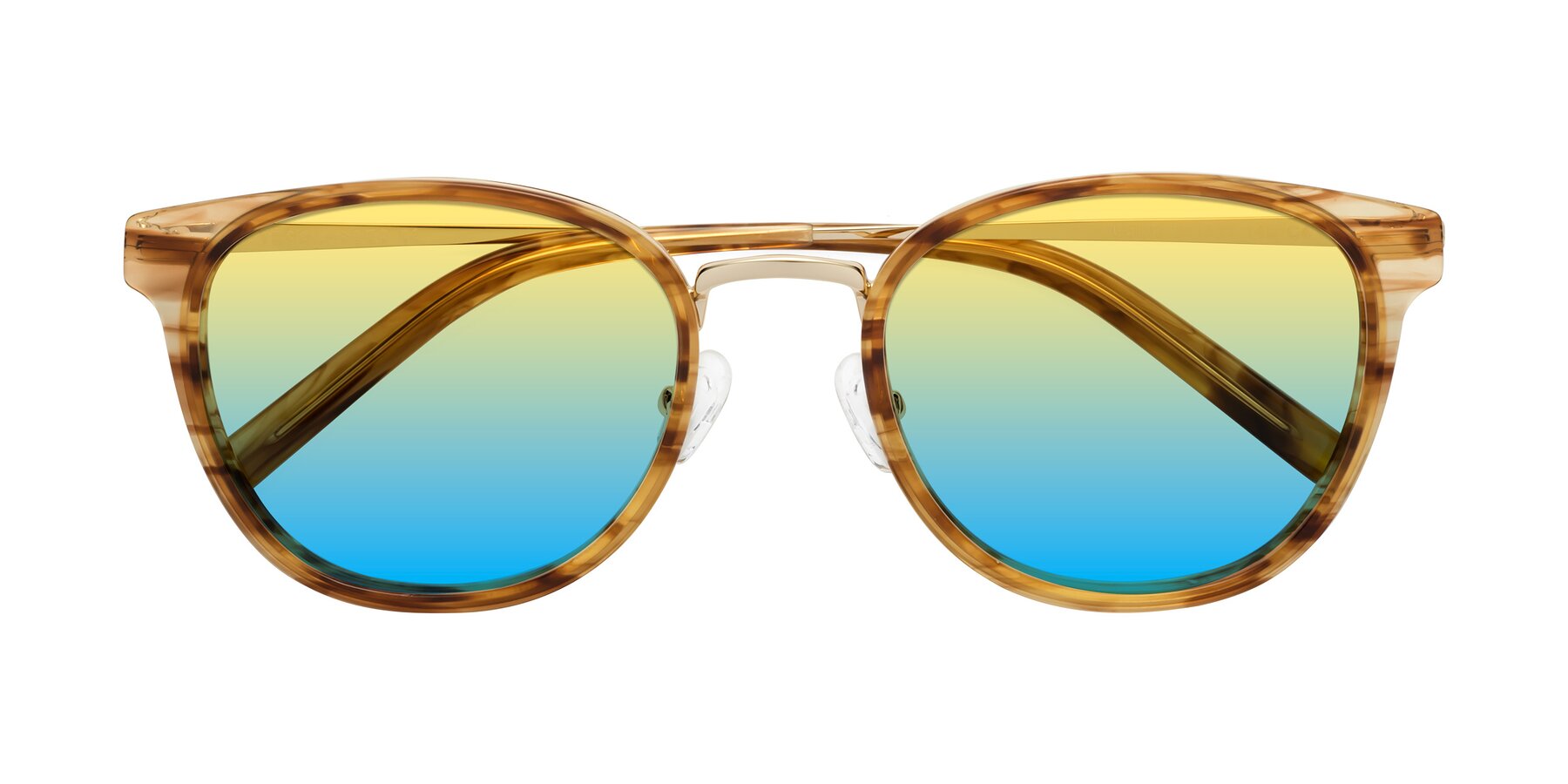 Folded Front of Callie in Amber Striped with Yellow / Blue Gradient Lenses