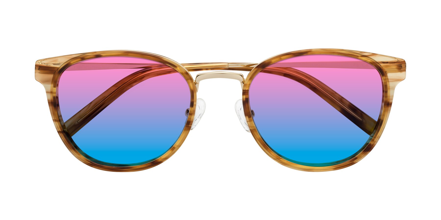 Folded Front of Callie in Amber Striped with Pink / Blue Gradient Lenses