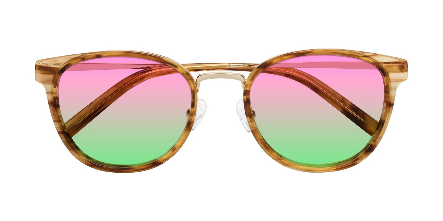 Folded Front of Callie in Amber Striped with Pink / Green Gradient Lenses